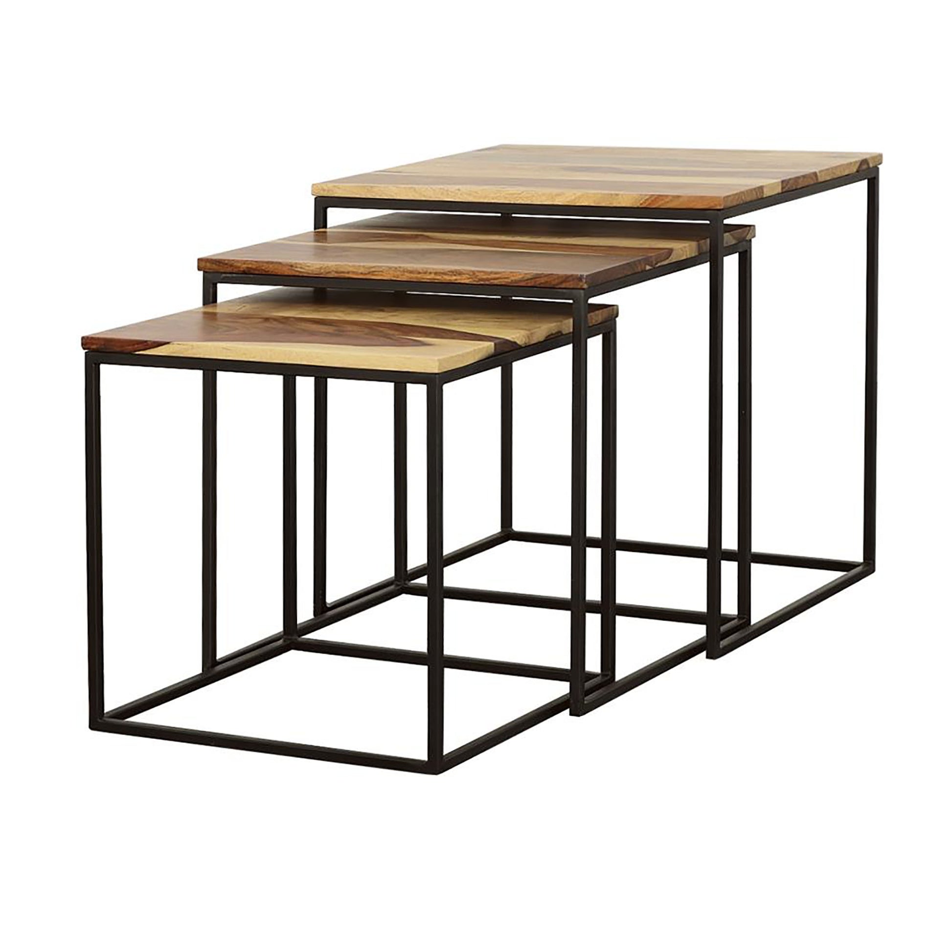 Set of  nesting tables with natural wood tops and black metal frames