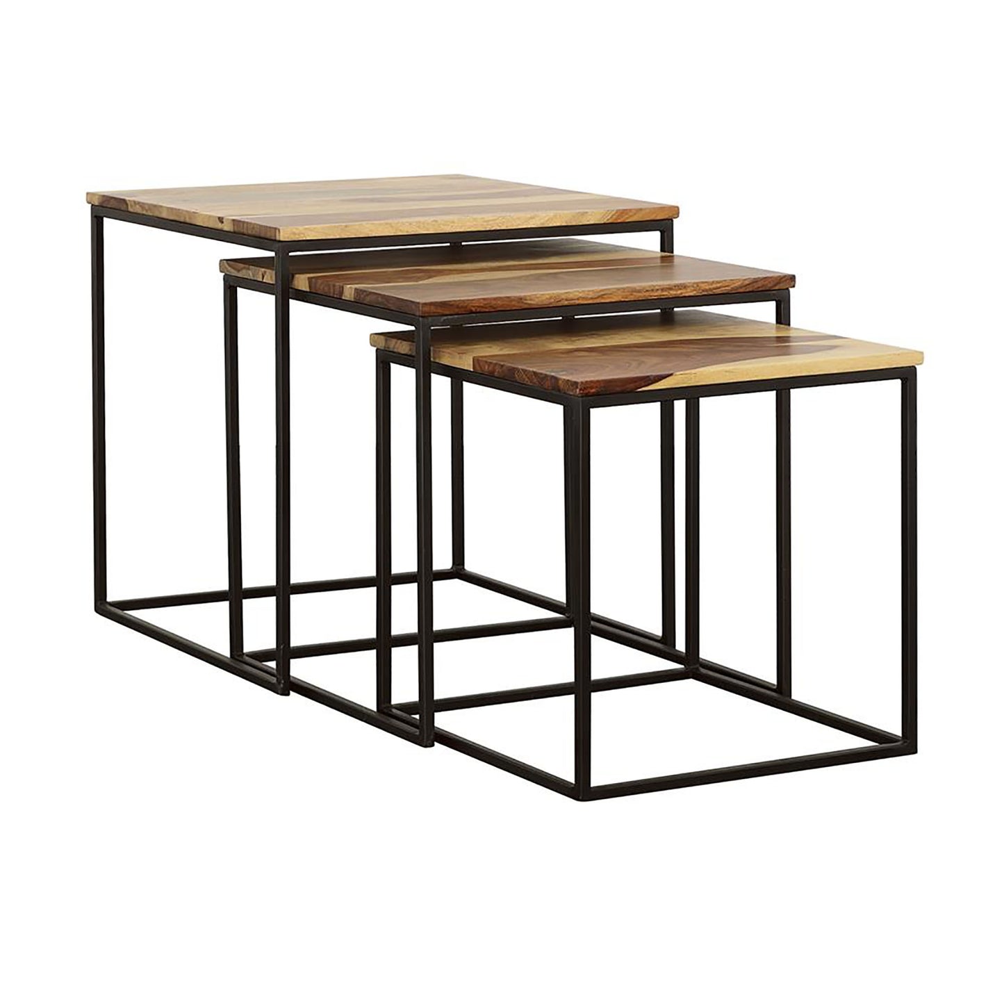 Set of  nesting tables with striped wooden tops and black metal frames
