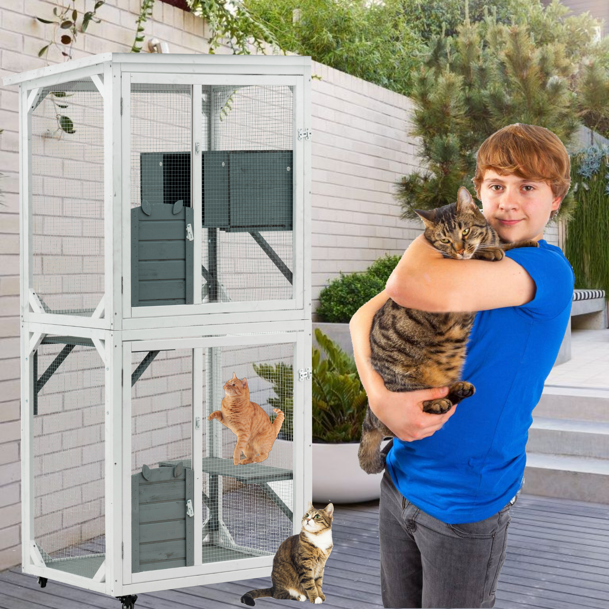 White wooden cat enclosure with multiple levels and mesh siding offering outdoor security for pets