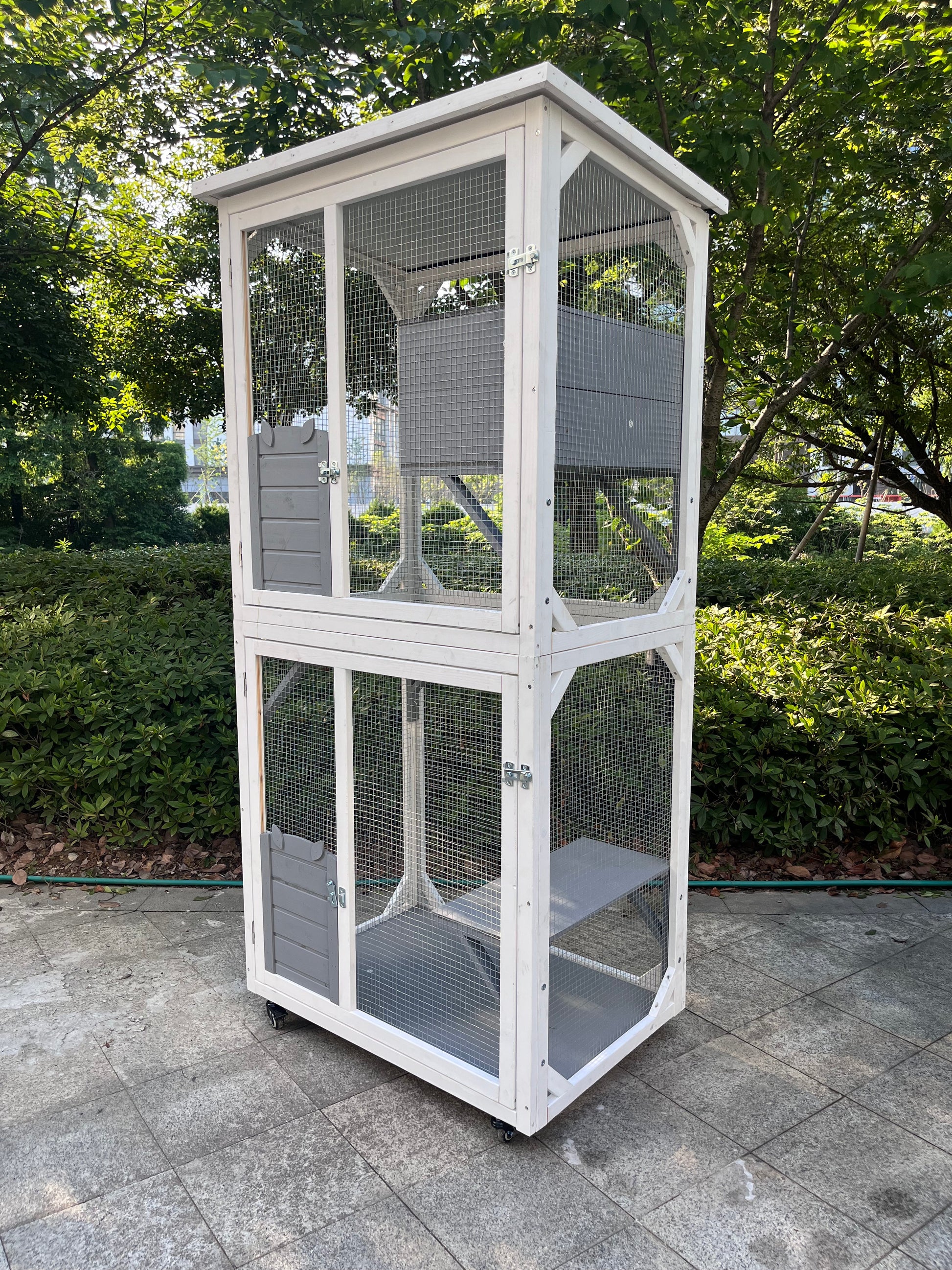 Twotier outdoor cat enclosure with multiple levels and grey accents