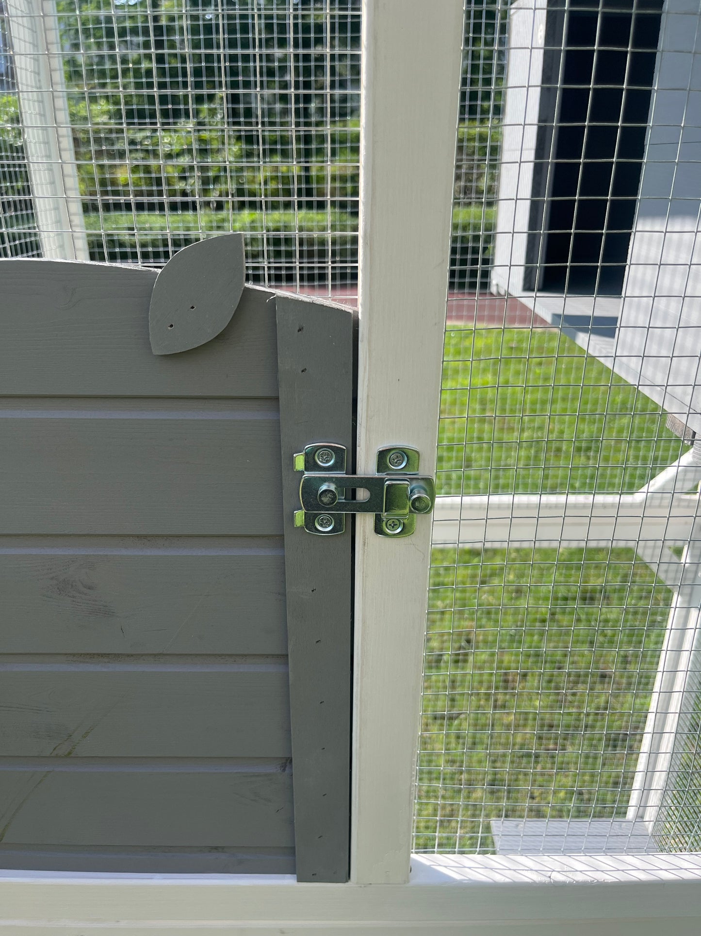 Galvanized steel latch securing a grey wooden chicken coop door to a white frame