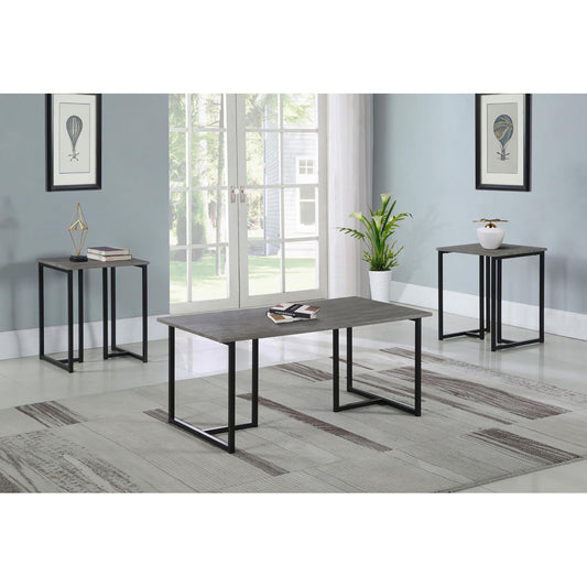 Modern grey wood grain coffee table with black metal legs for living room use