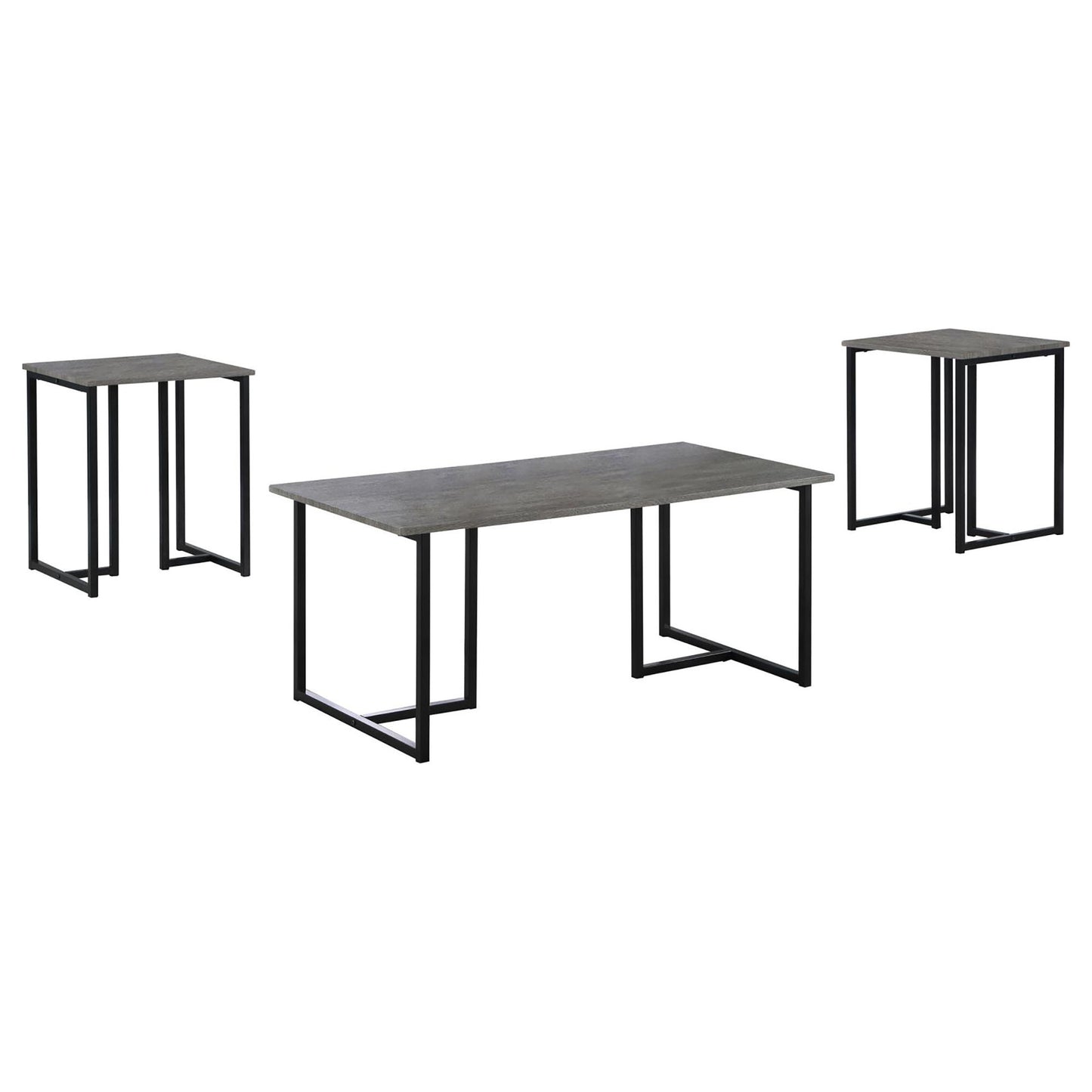Modern gray wood grain coffee table with black metal legs