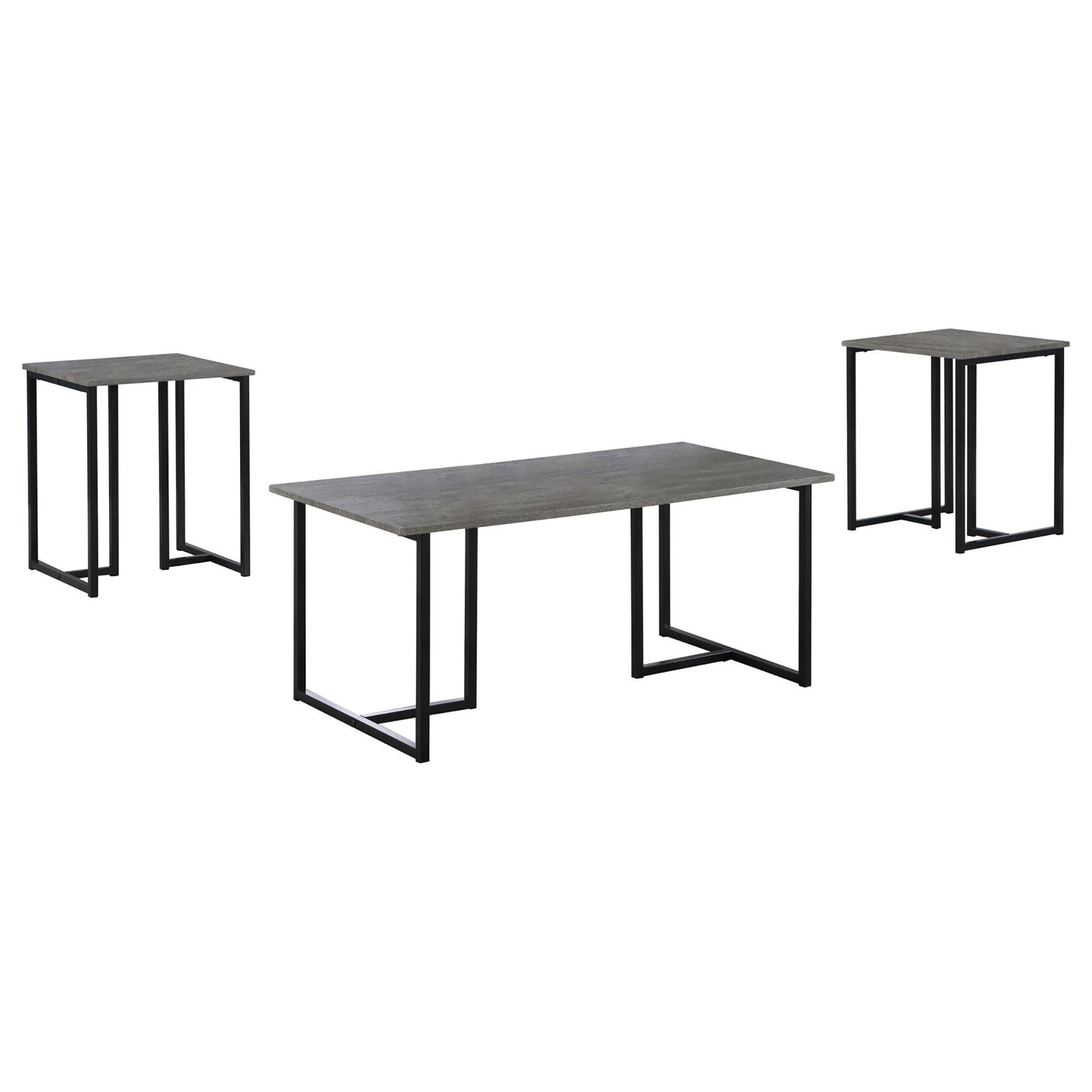 Modern gray wood grain coffee table with black metal legs