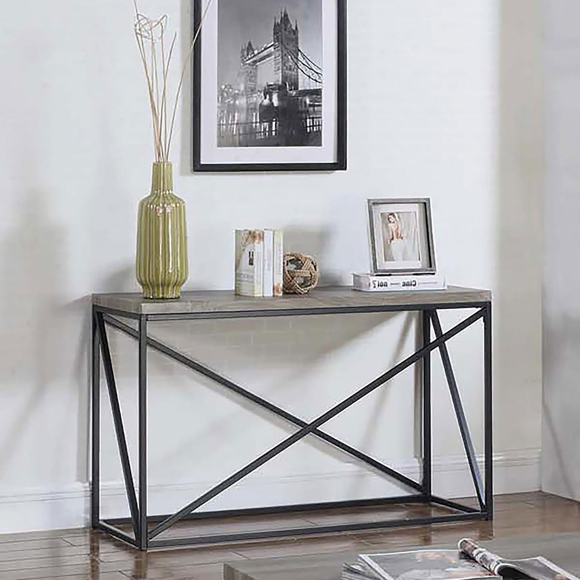 Industrial console table with rustic wood top and black metal frame perfect for hallways