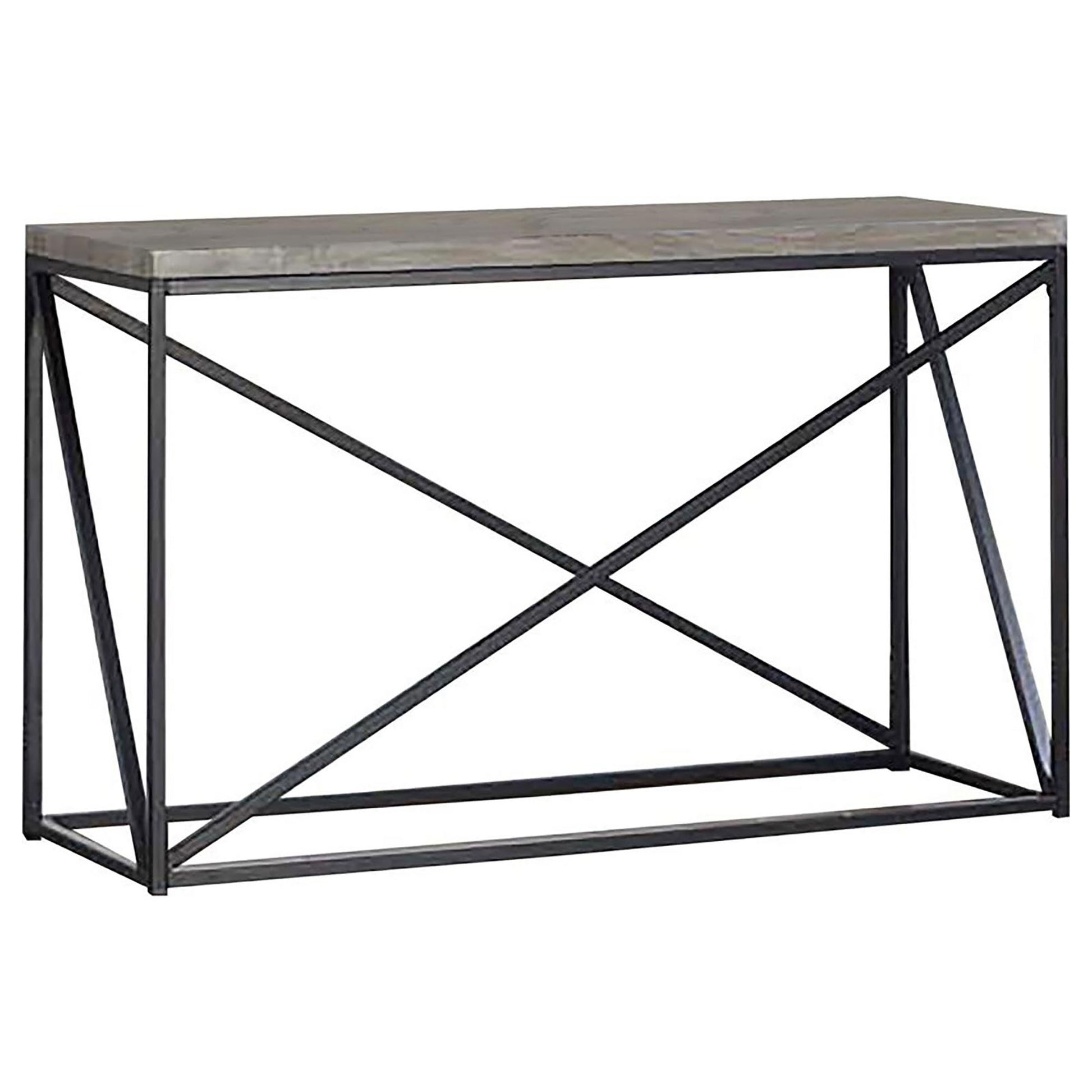 Industrial console table with gray concrete top and black metal geometric base