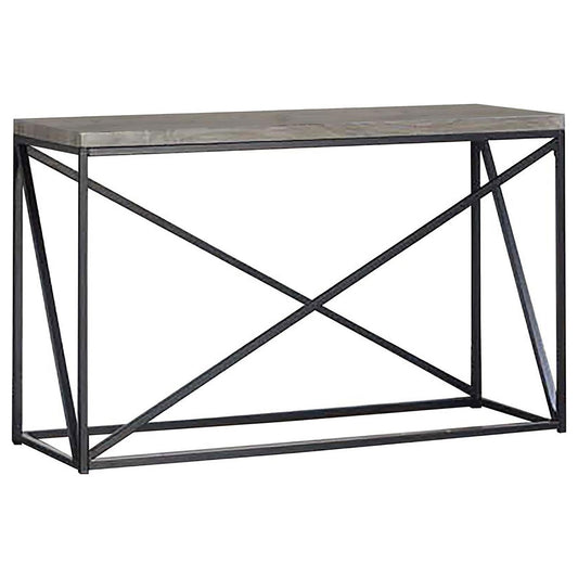 Industrial console table with gray concrete top and black metal geometric base