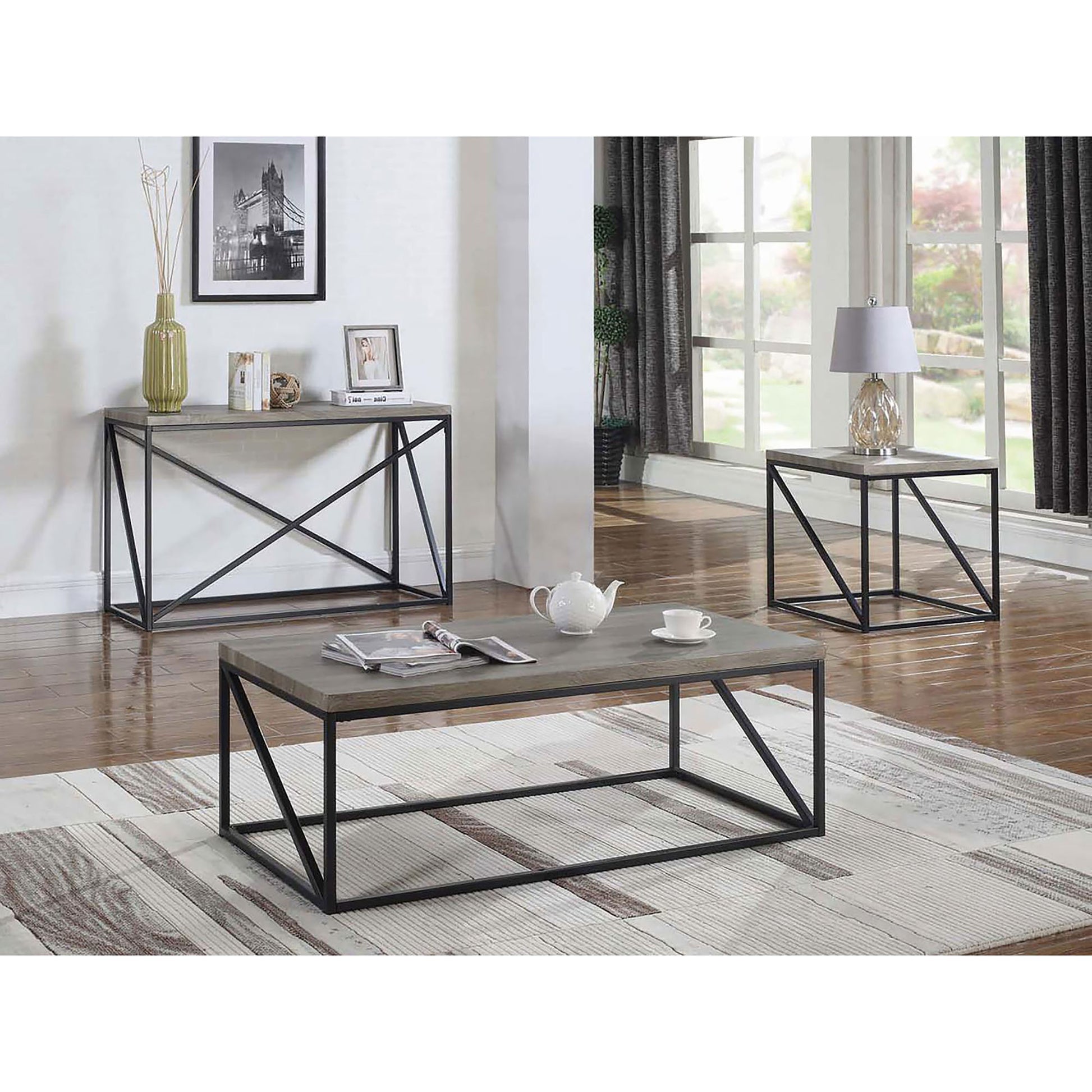 Industrial gray concrete and black metal coffee table with open shelf