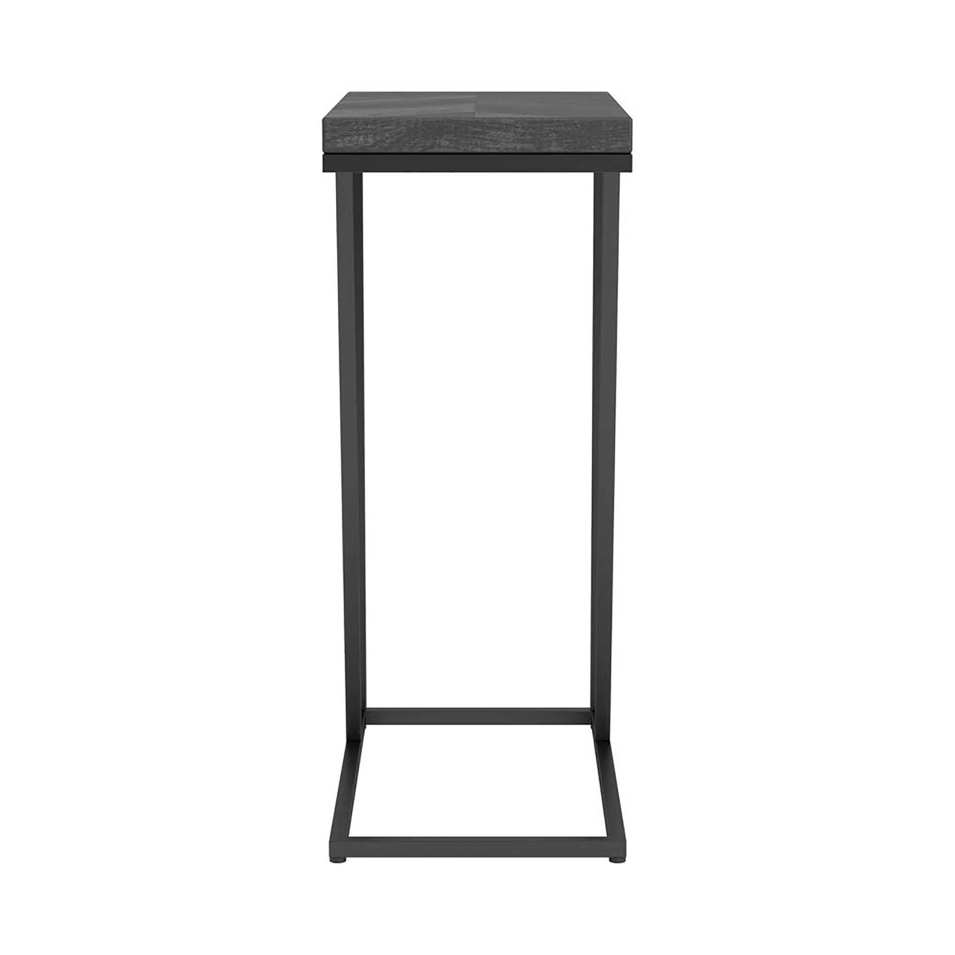 Modern Cshaped side table with dark wood grain top and black metal frame ideal for living rooms