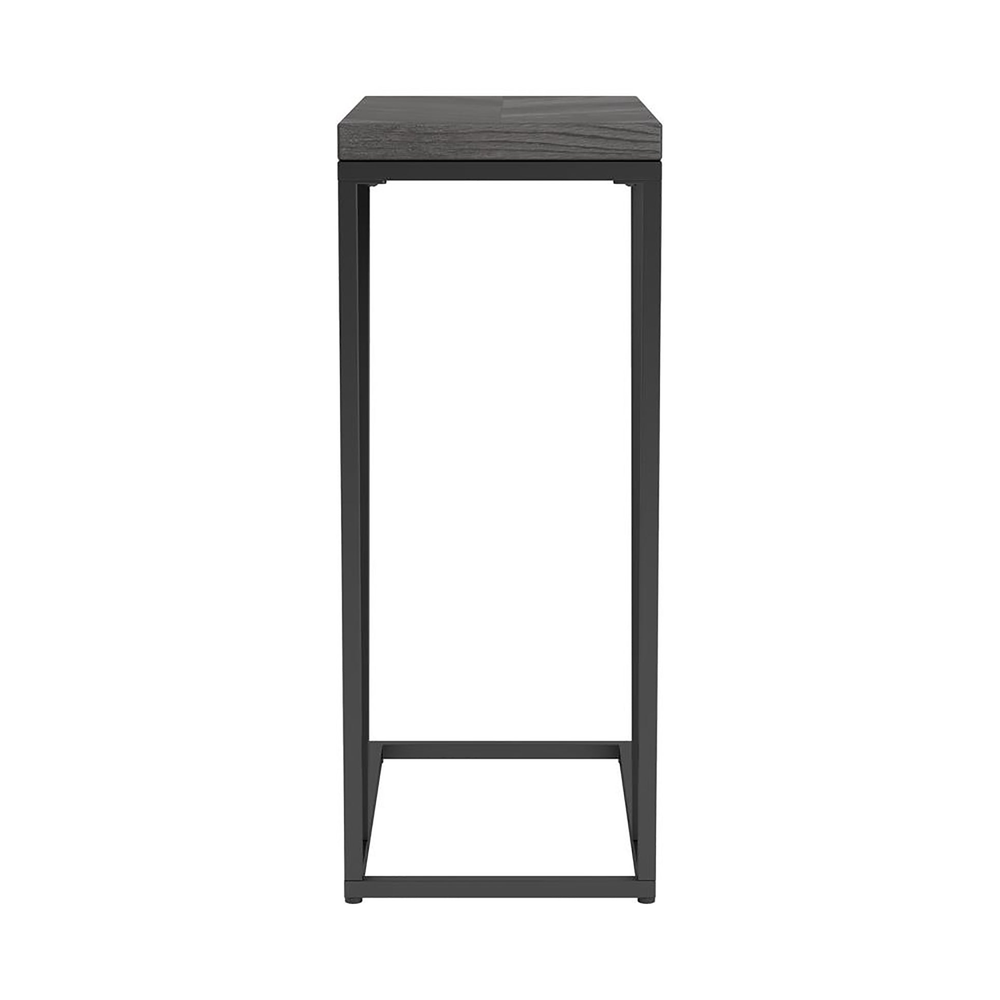 Tall slender dark grey wood side table with black metal frame for modern living spaces