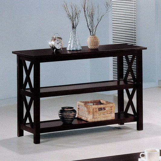 Dark brown wooden console table with two shelves and Xframe supports