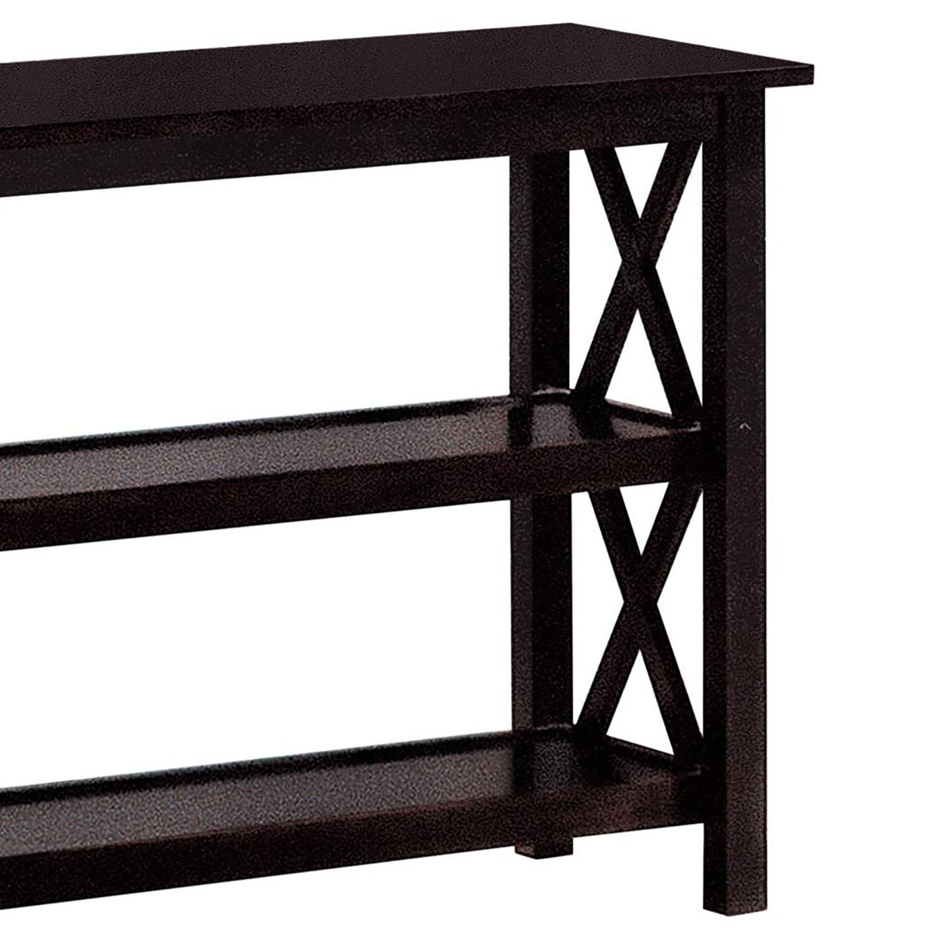 Dark brown metal shoe rack with two shelves and Xshaped side supports