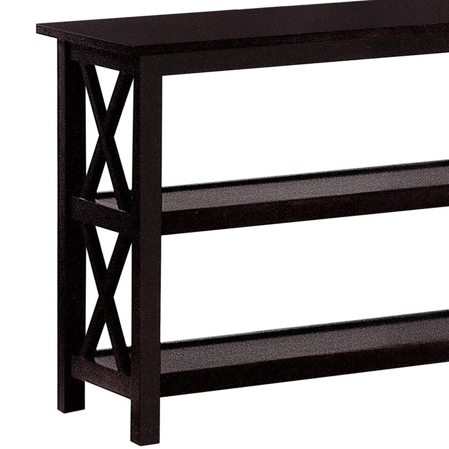 Dark brown metal shoe rack with Xframe detailing and two shelves