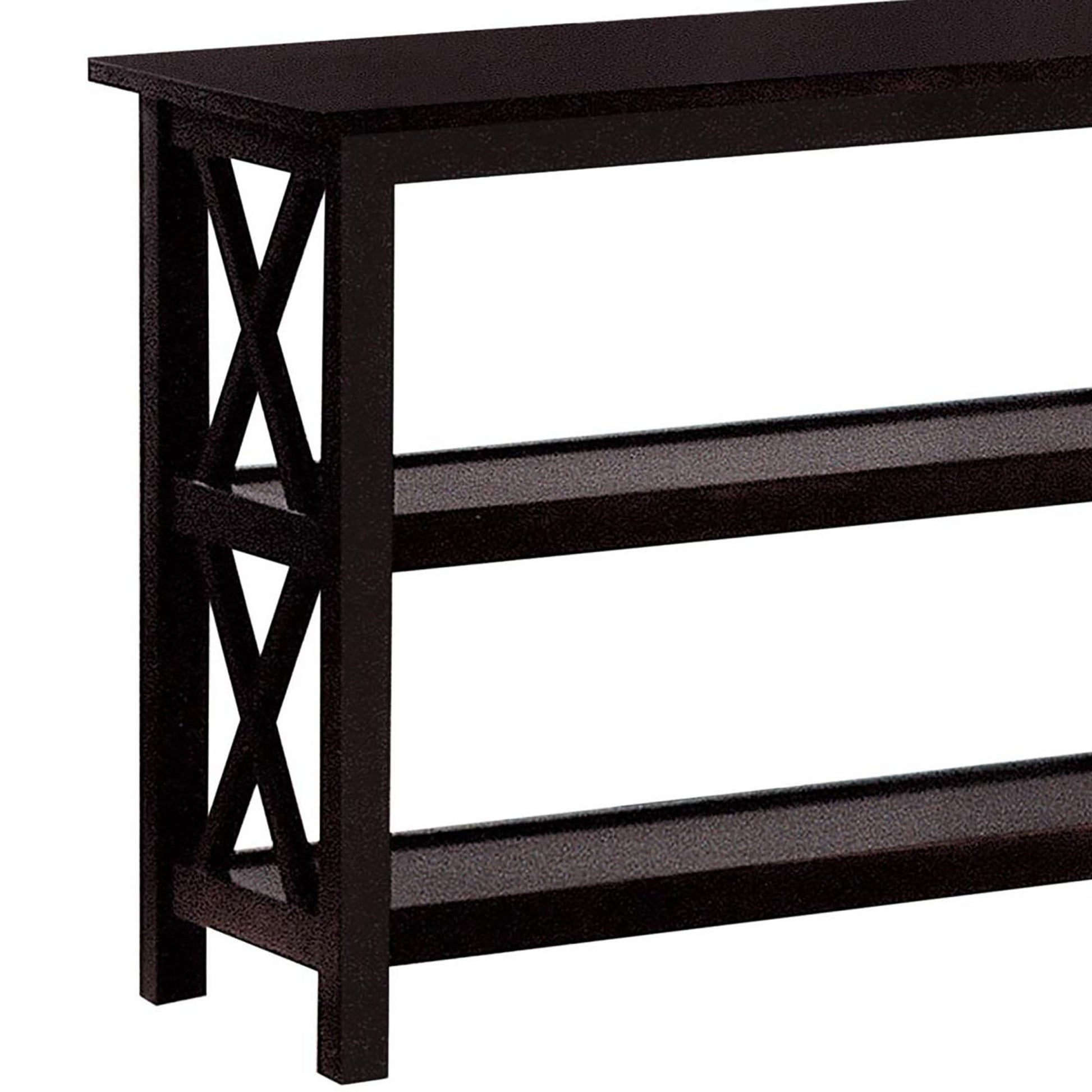 Dark brown metal shoe rack with Xframe detailing and two shelves