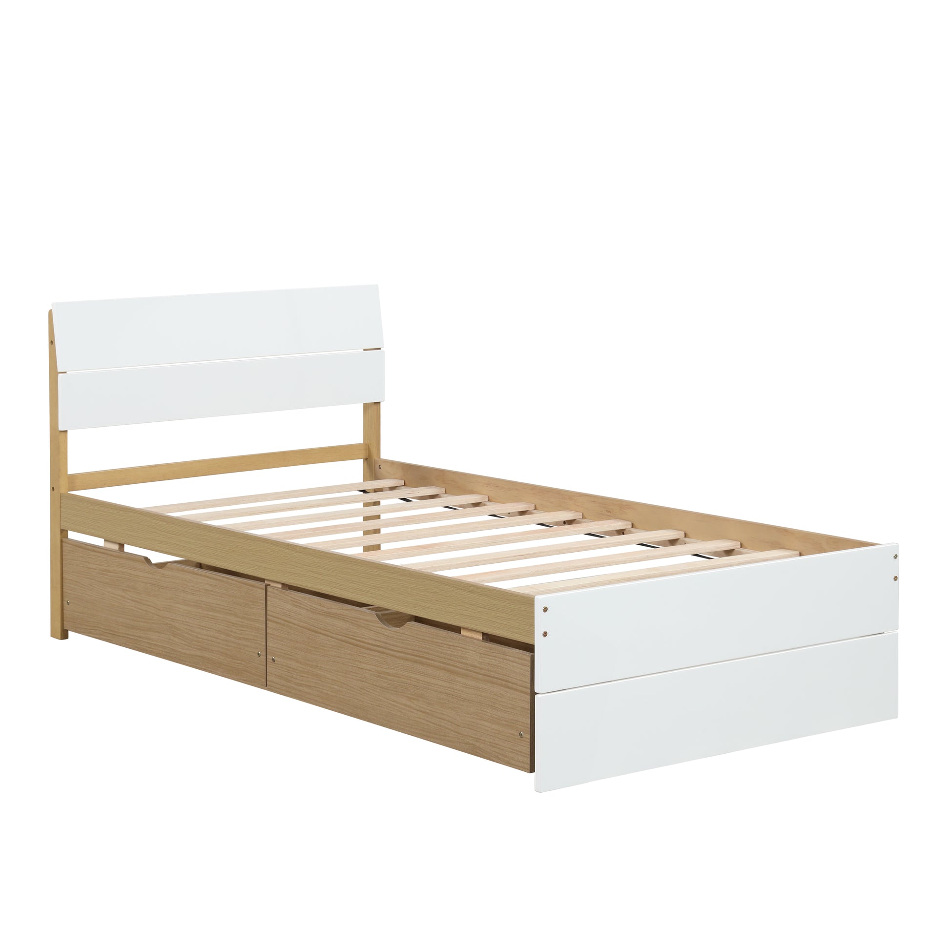Modern white and wood twin bed frame with storage drawers