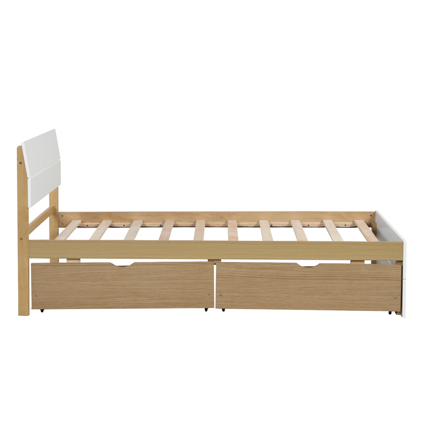 White and oak twin bed frame with two storage drawers