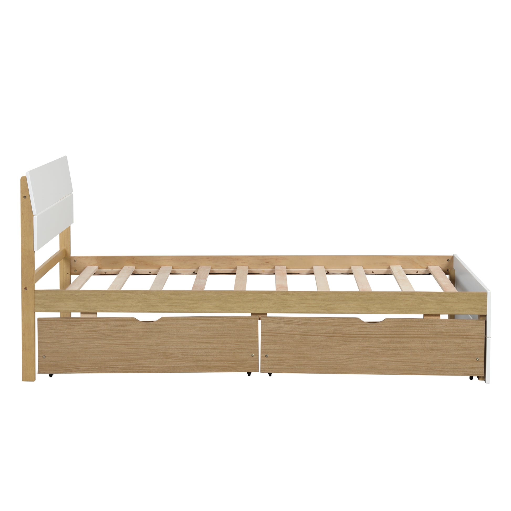White and oak twin bed frame with two storage drawers