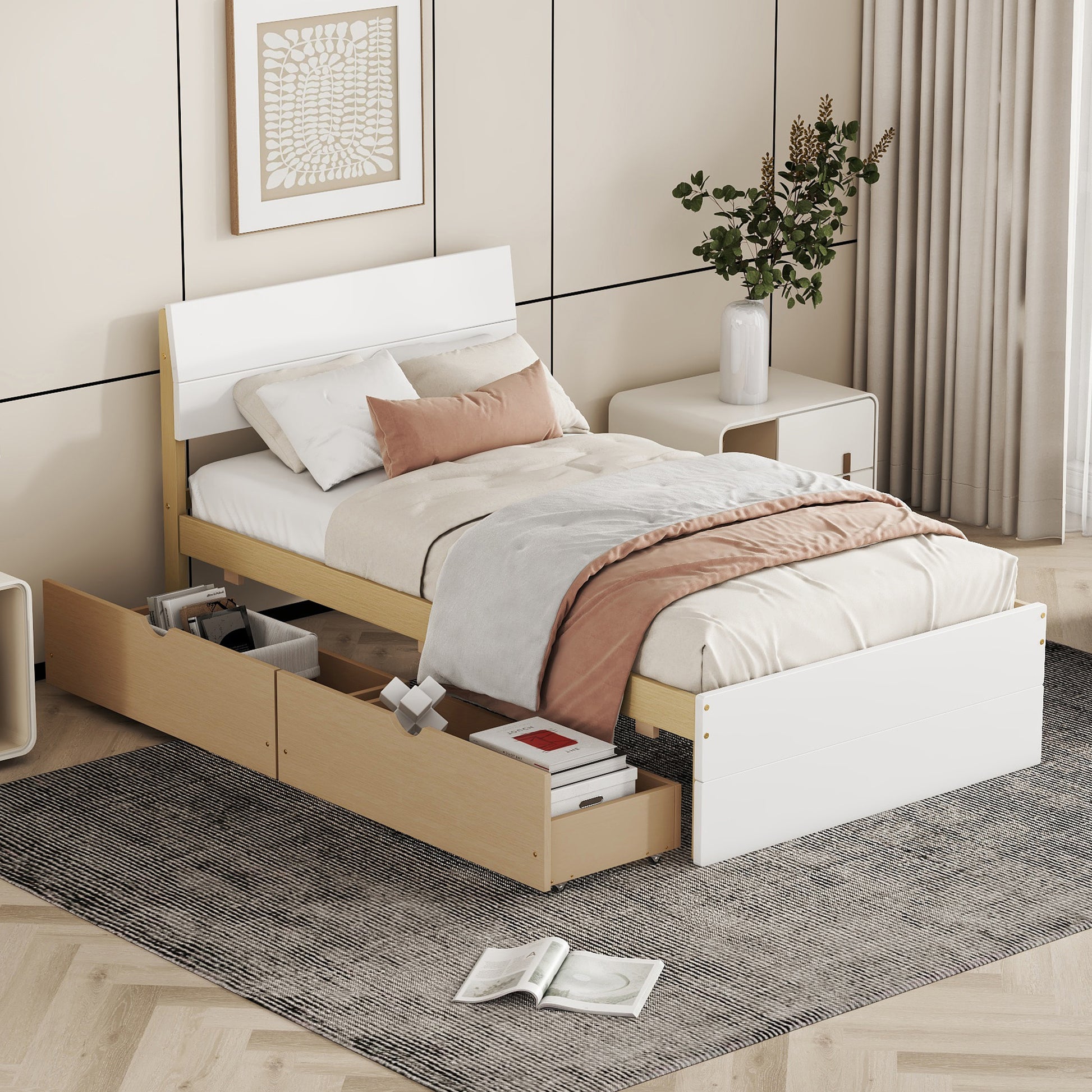 White and natural wood twin bed frame with integrated storage drawers