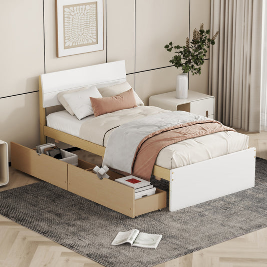 White and natural wood twin bed frame with integrated storage drawers