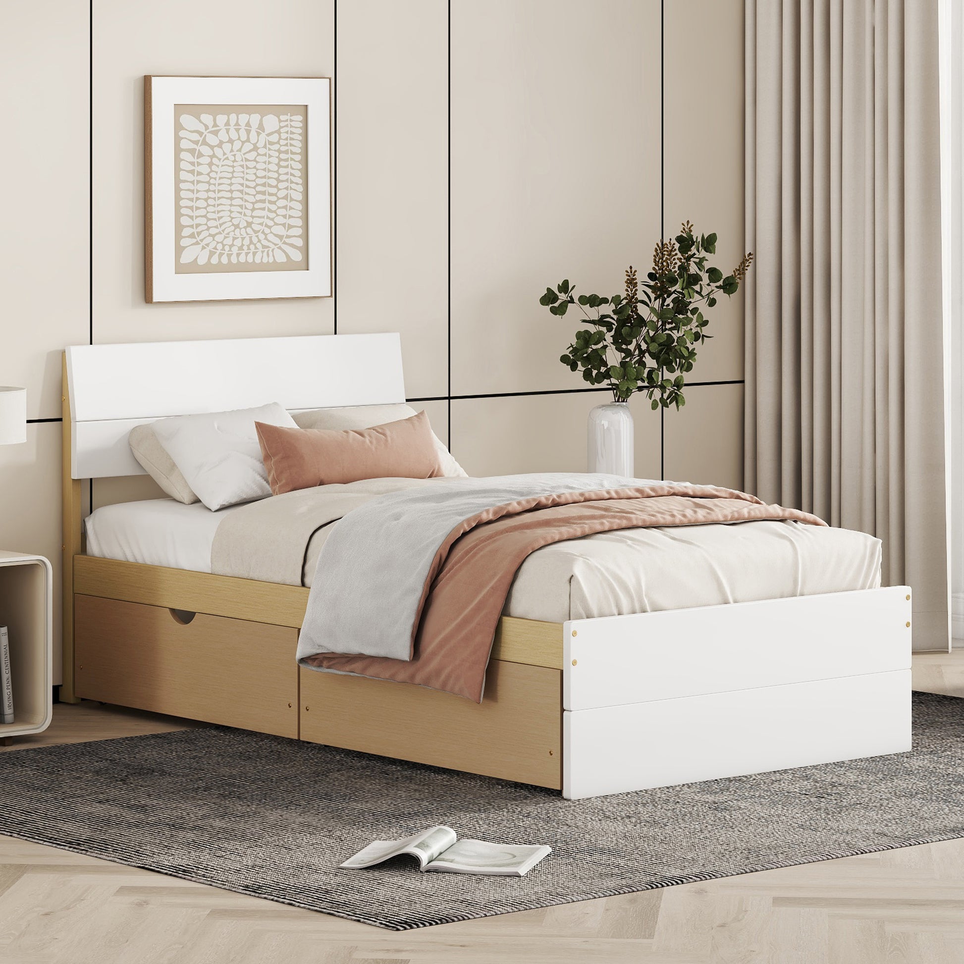 White and natural wood twin bed frame with storage drawers
