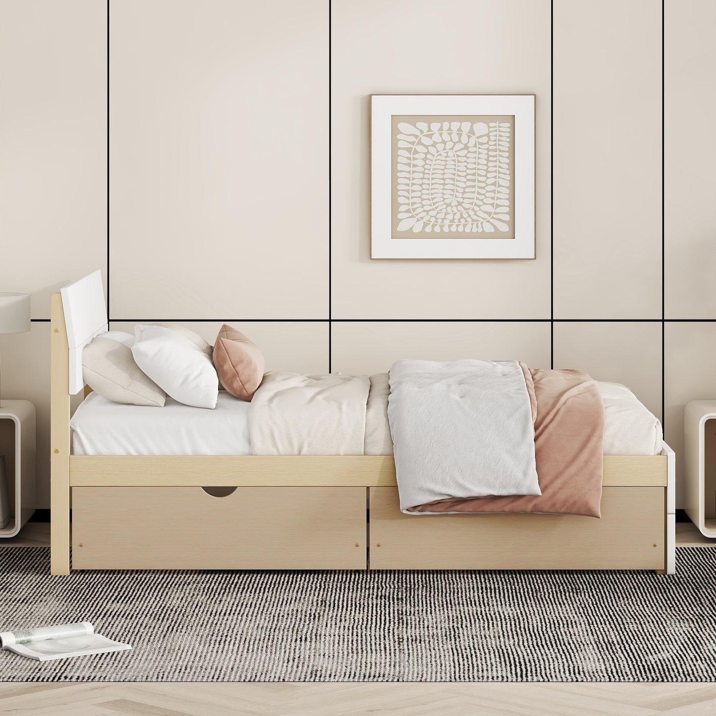 Twin bed frame with two storage drawers in light wood finish