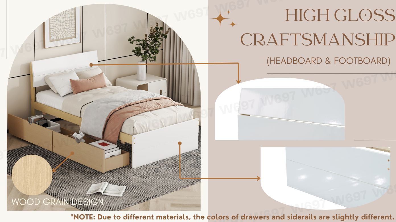 White twin bed frame with builtin wood grain drawers