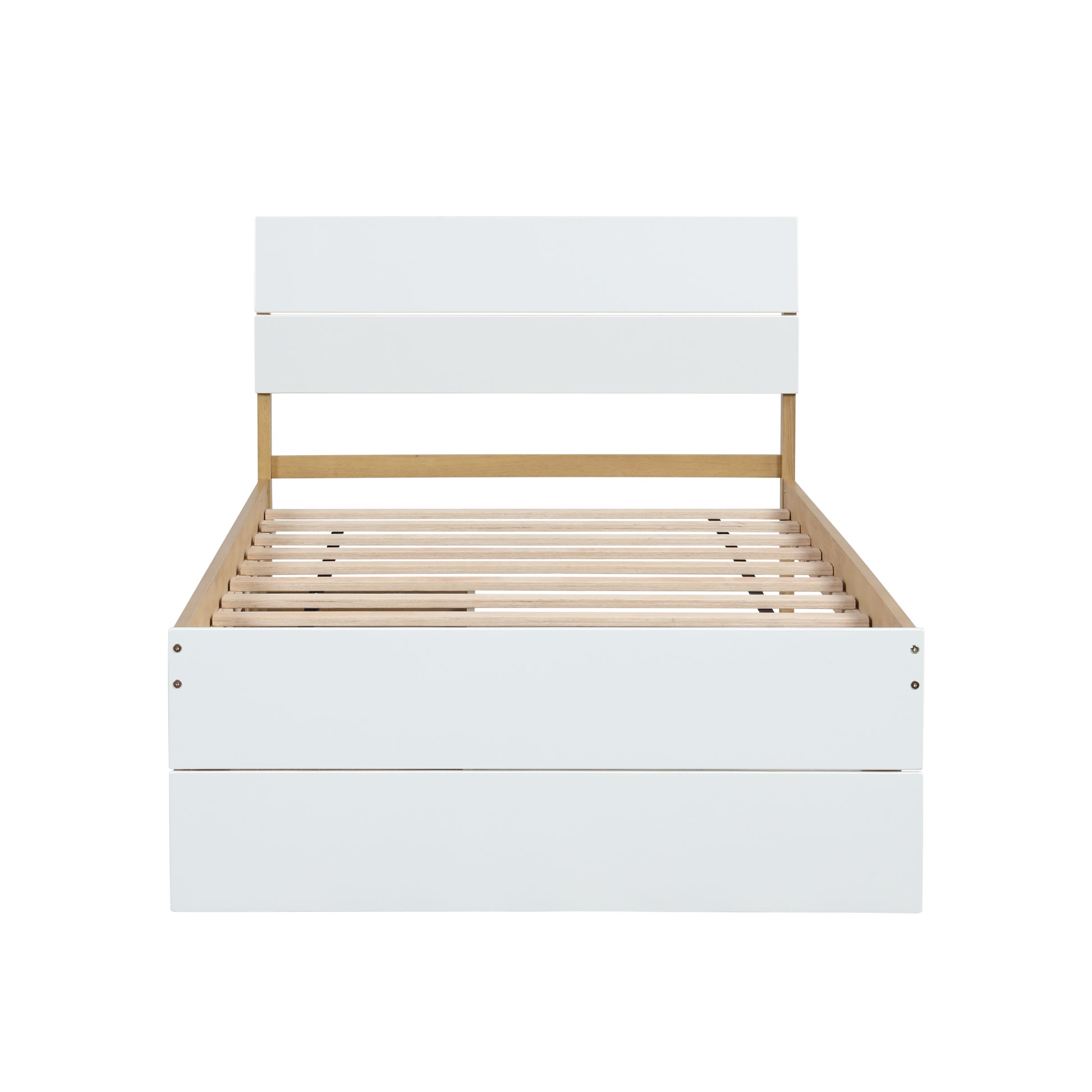 White modern bed frame with wooden slats