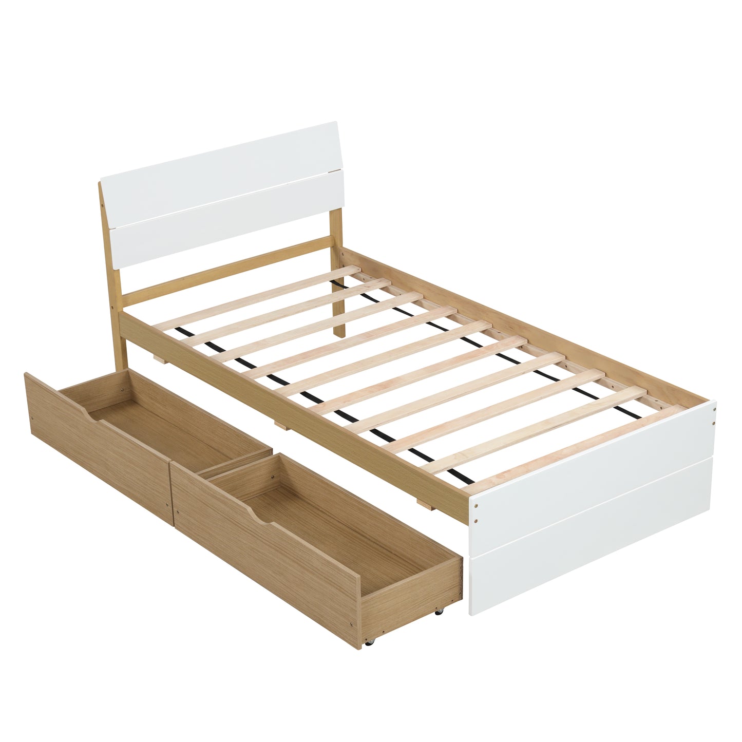 Modern twin bed frame with white headboard and natural wood drawers