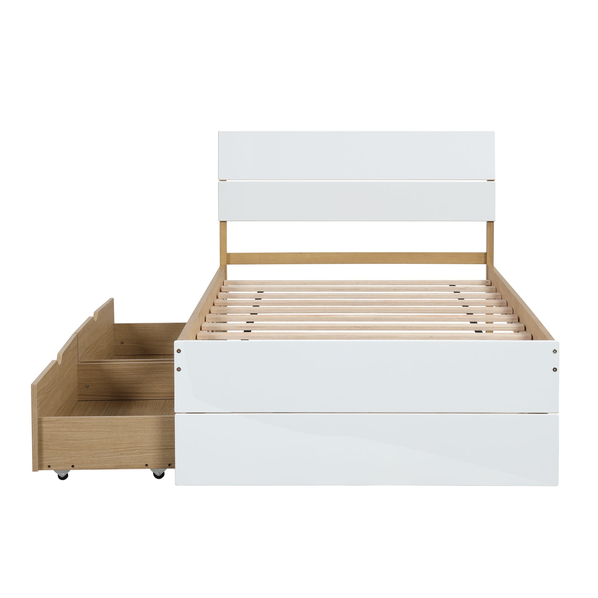 Modern white wooden twin bed frame with two builtin storage drawers