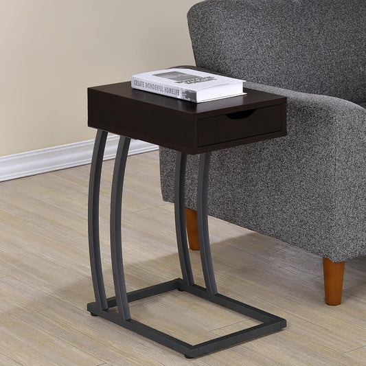 Dark brown end table with Cshaped gray metal legs featuring a single drawer for storage