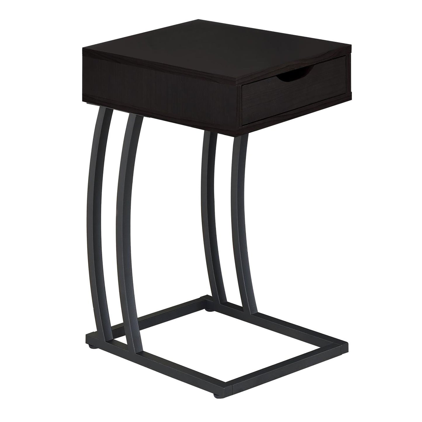 Dark brown modern end table with single drawer and curved metal legs