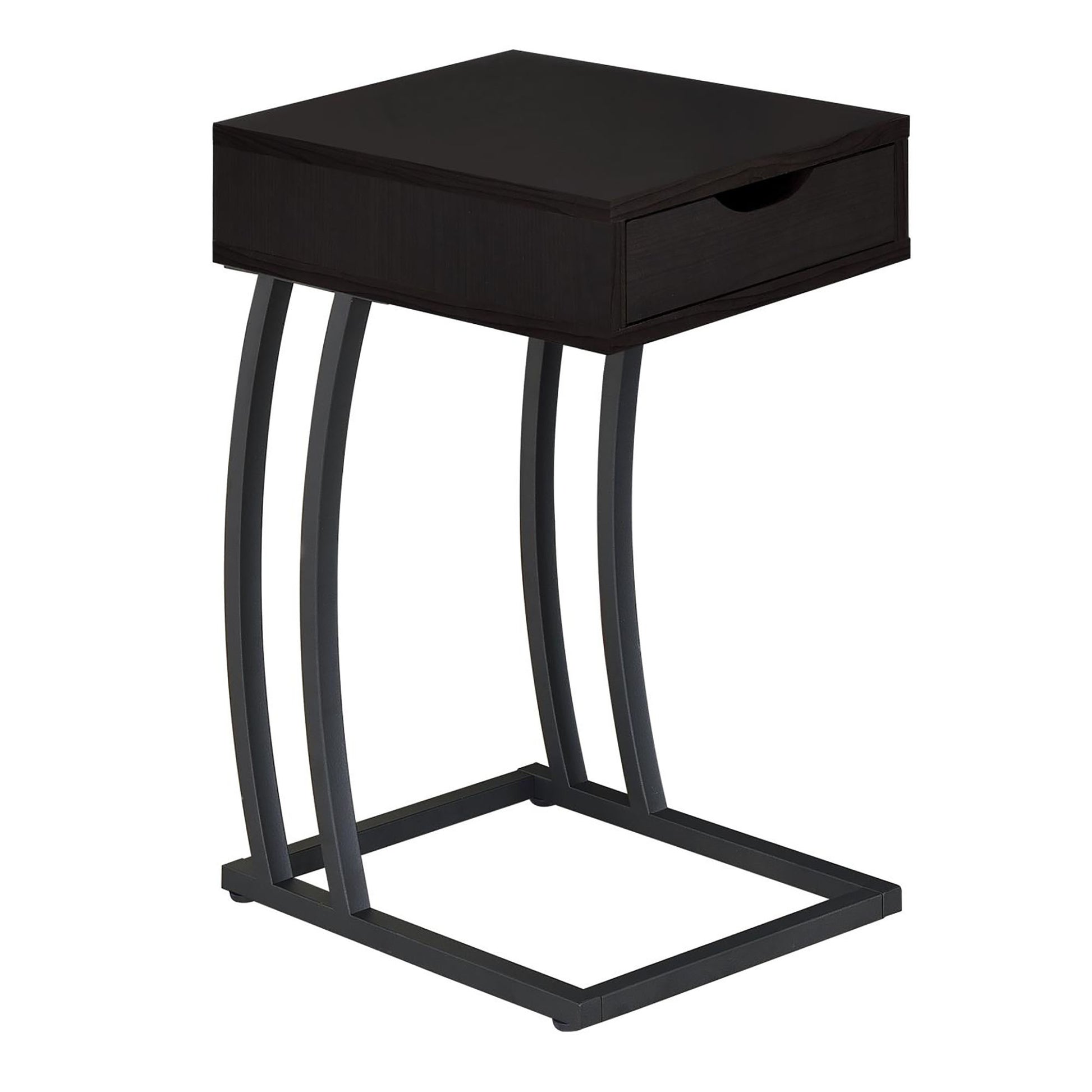 Dark brown modern end table with single drawer and curved metal legs