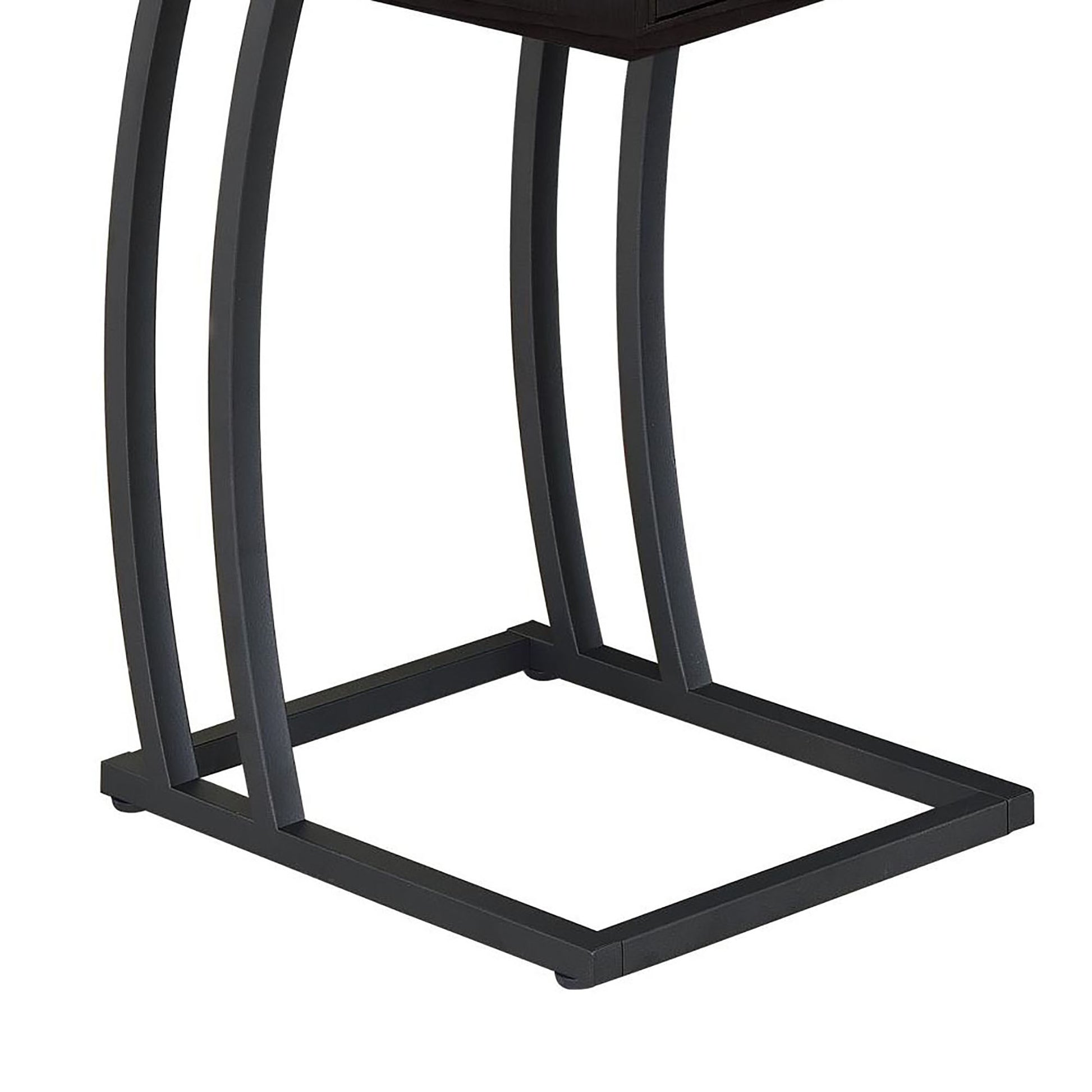 Dark brown side table with modern black metal sled legs
