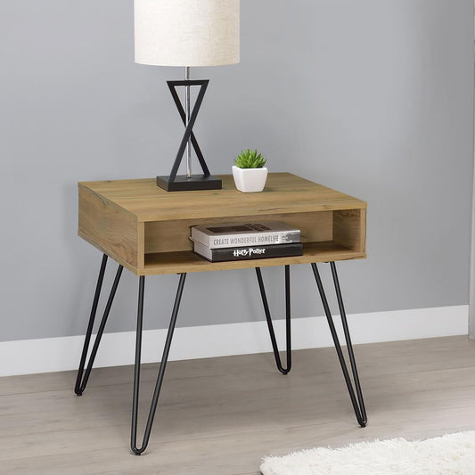 Midcentury modern end table with open shelf and hairpin legs