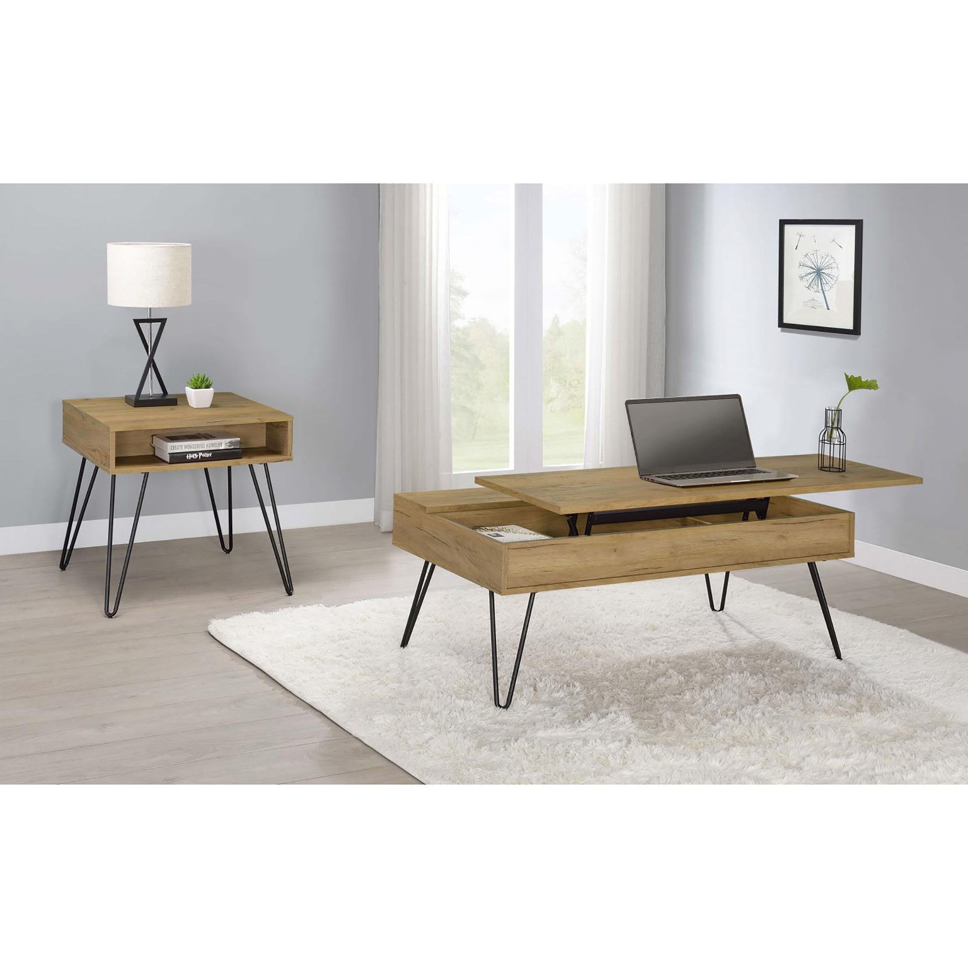 Lifttop coffee table in natural wood grain finish with modern hairpin legs
