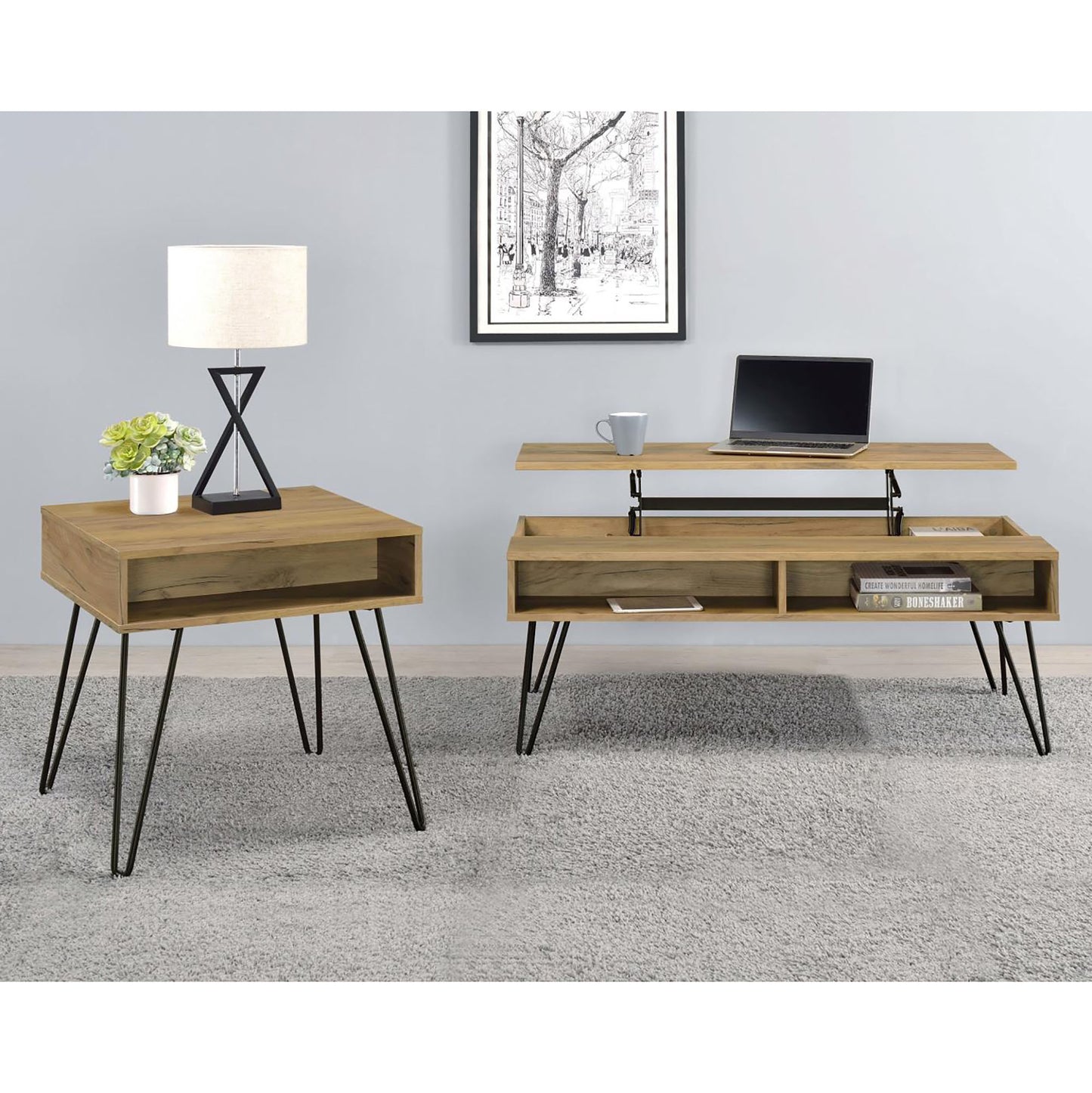 Rustic oak lift top coffee table with black hairpin legs perfect for living rooms