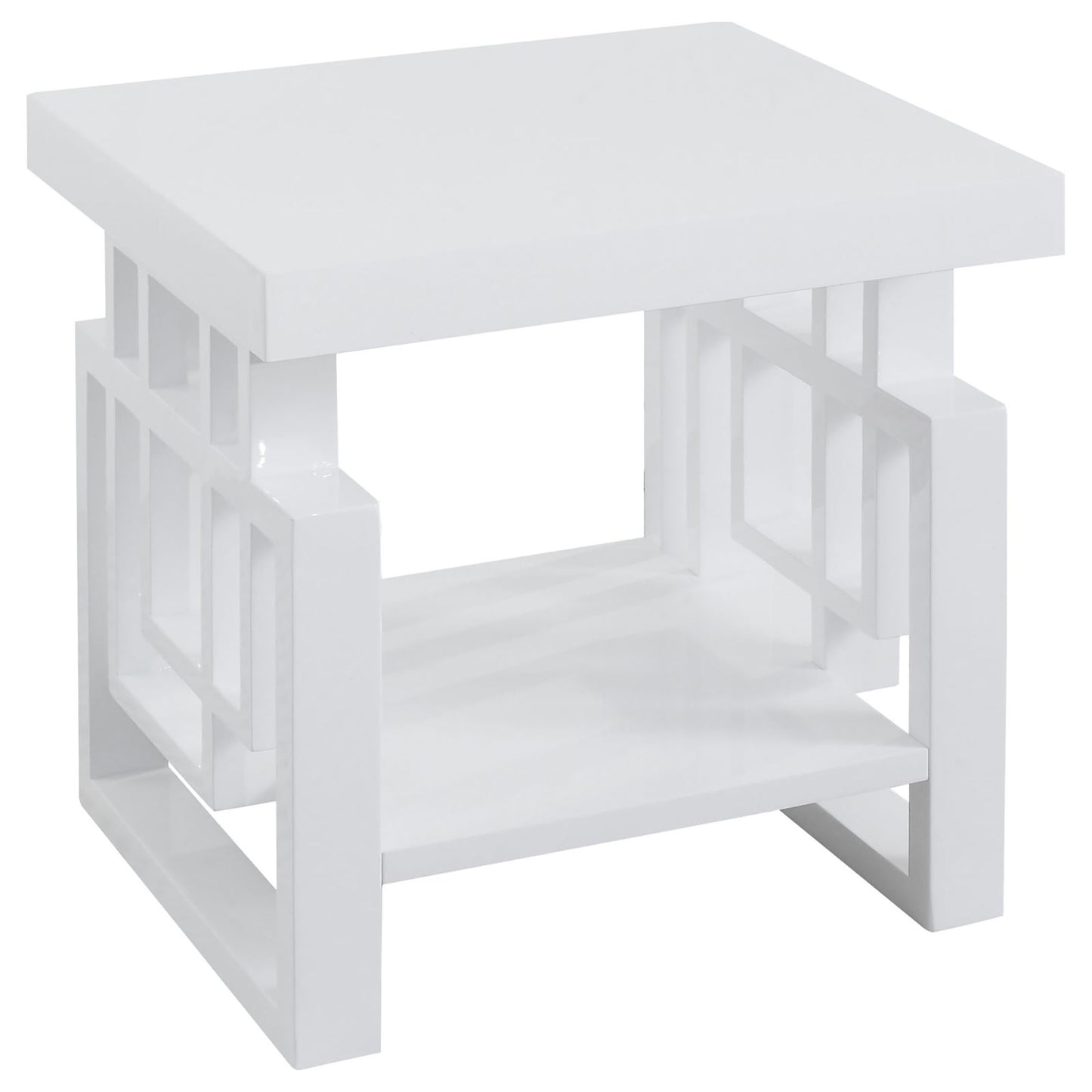 White geometric accent table with open shelf