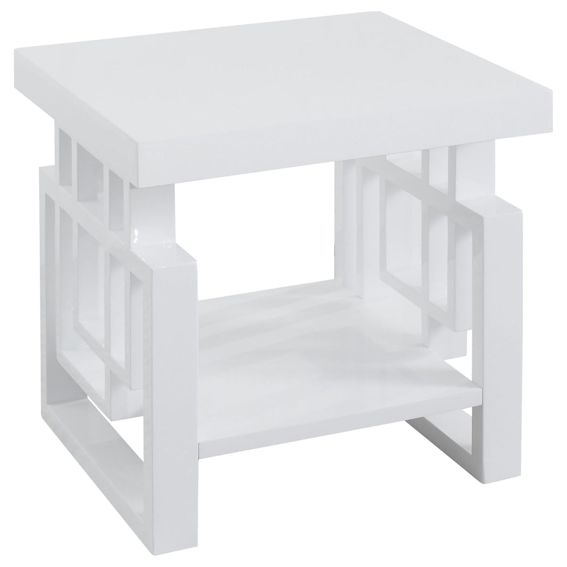 White geometric accent table with open shelf