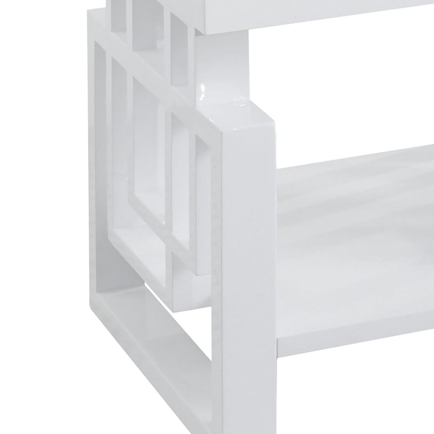 White high gloss bookshelf with geometric open shelving detail