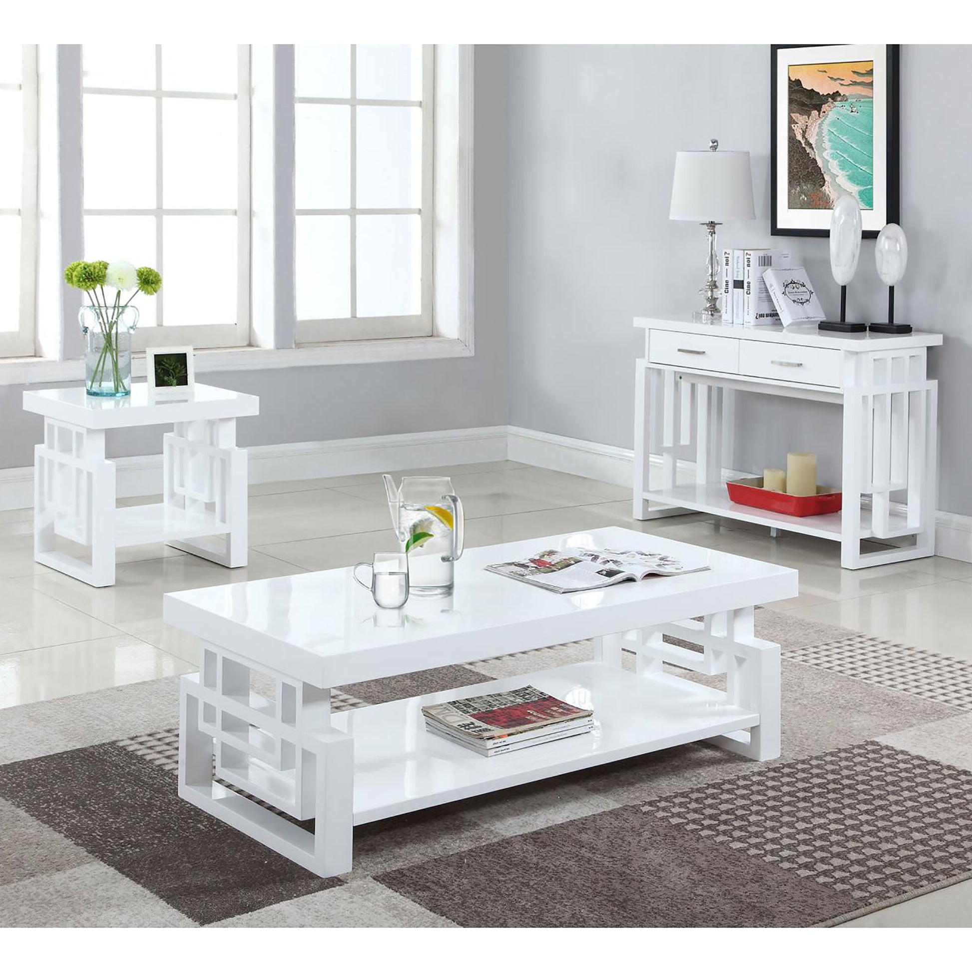 Sleek white modern coffee table with open shelving and geometric design