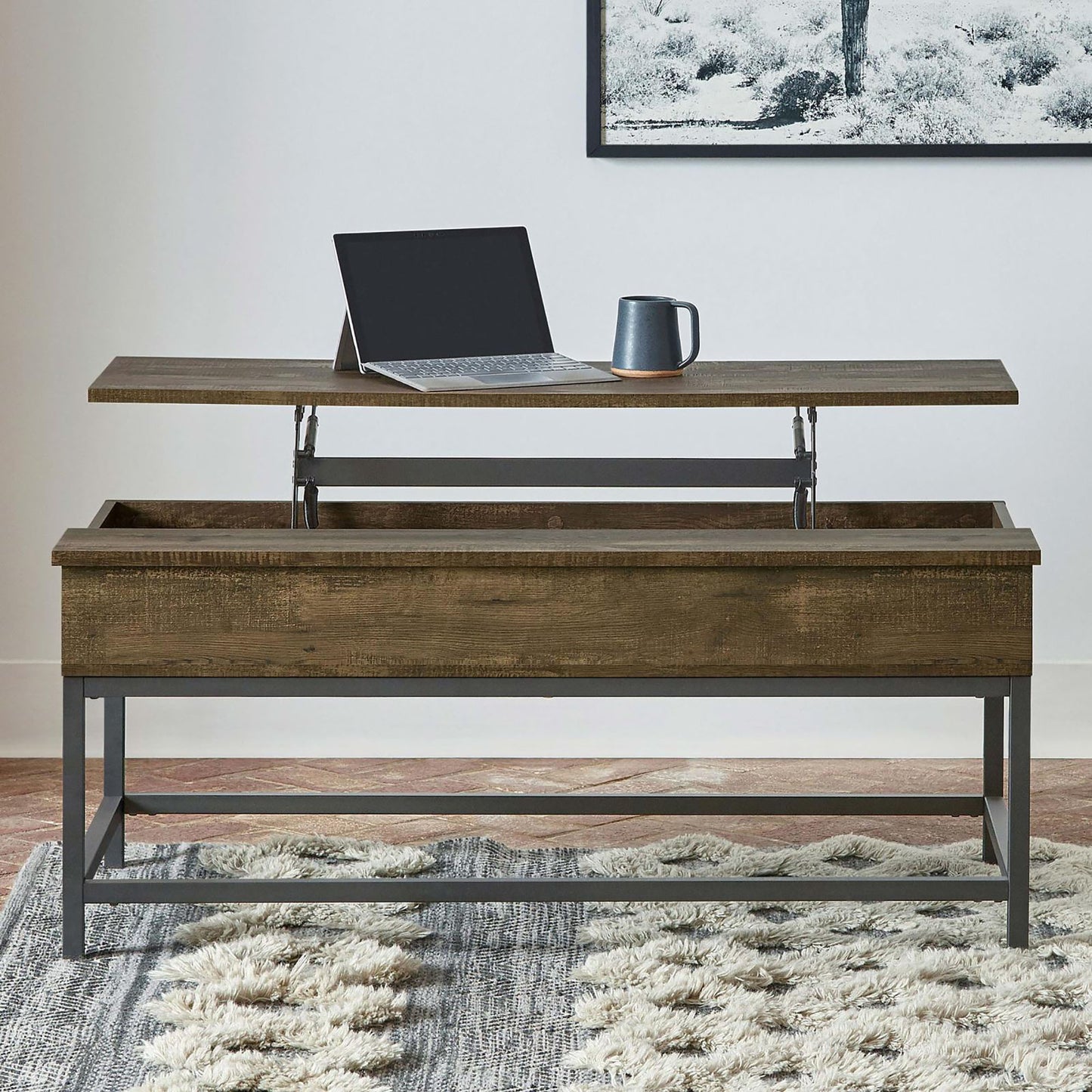 Lift top coffee table in rustic brown wood with metal frame perfect for living rooms