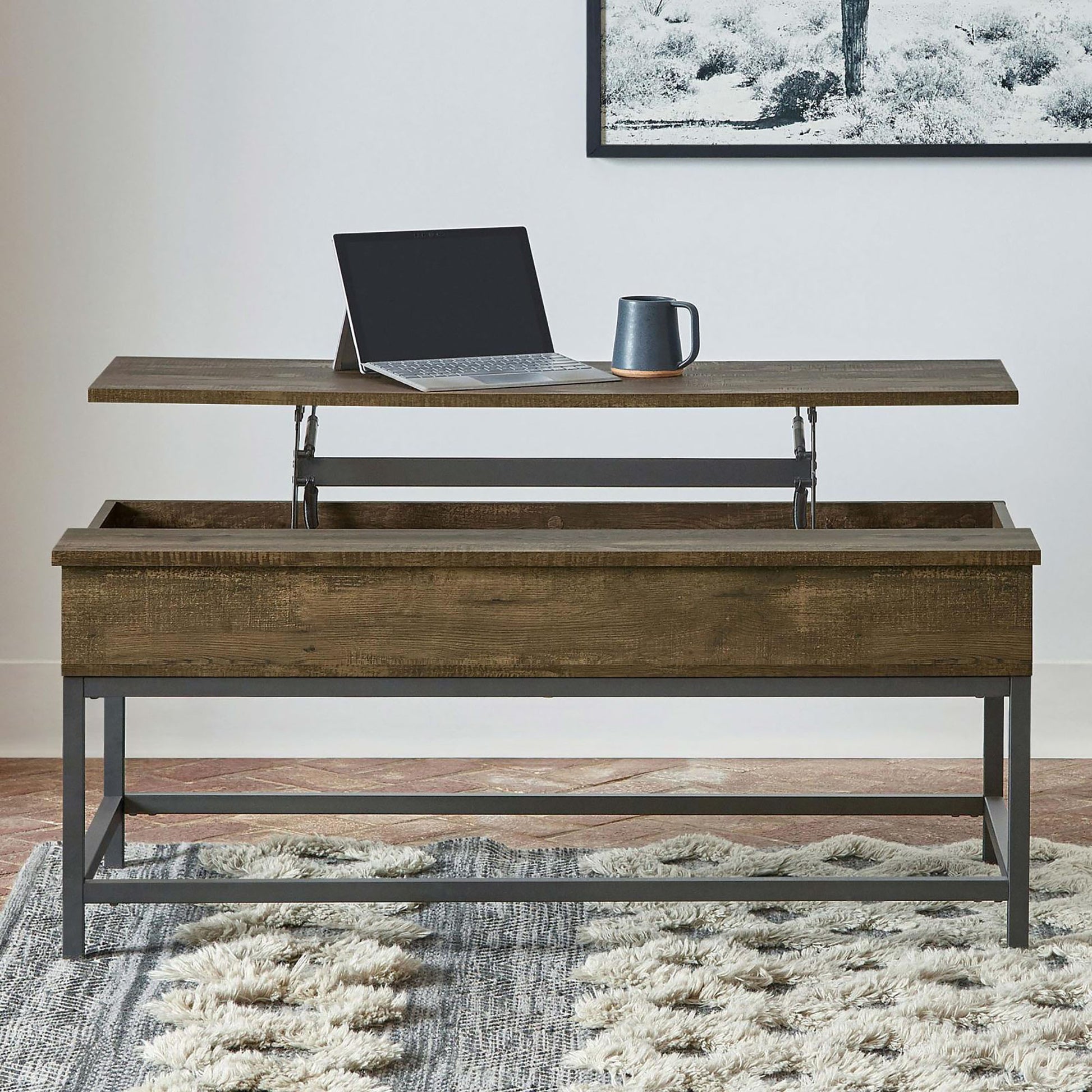 Lift top coffee table in rustic brown wood with metal frame perfect for living rooms
