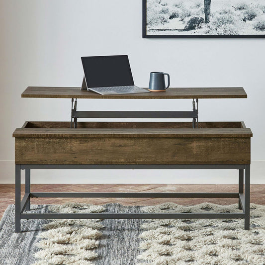 Lift top coffee table in rustic brown wood with metal frame perfect for living rooms