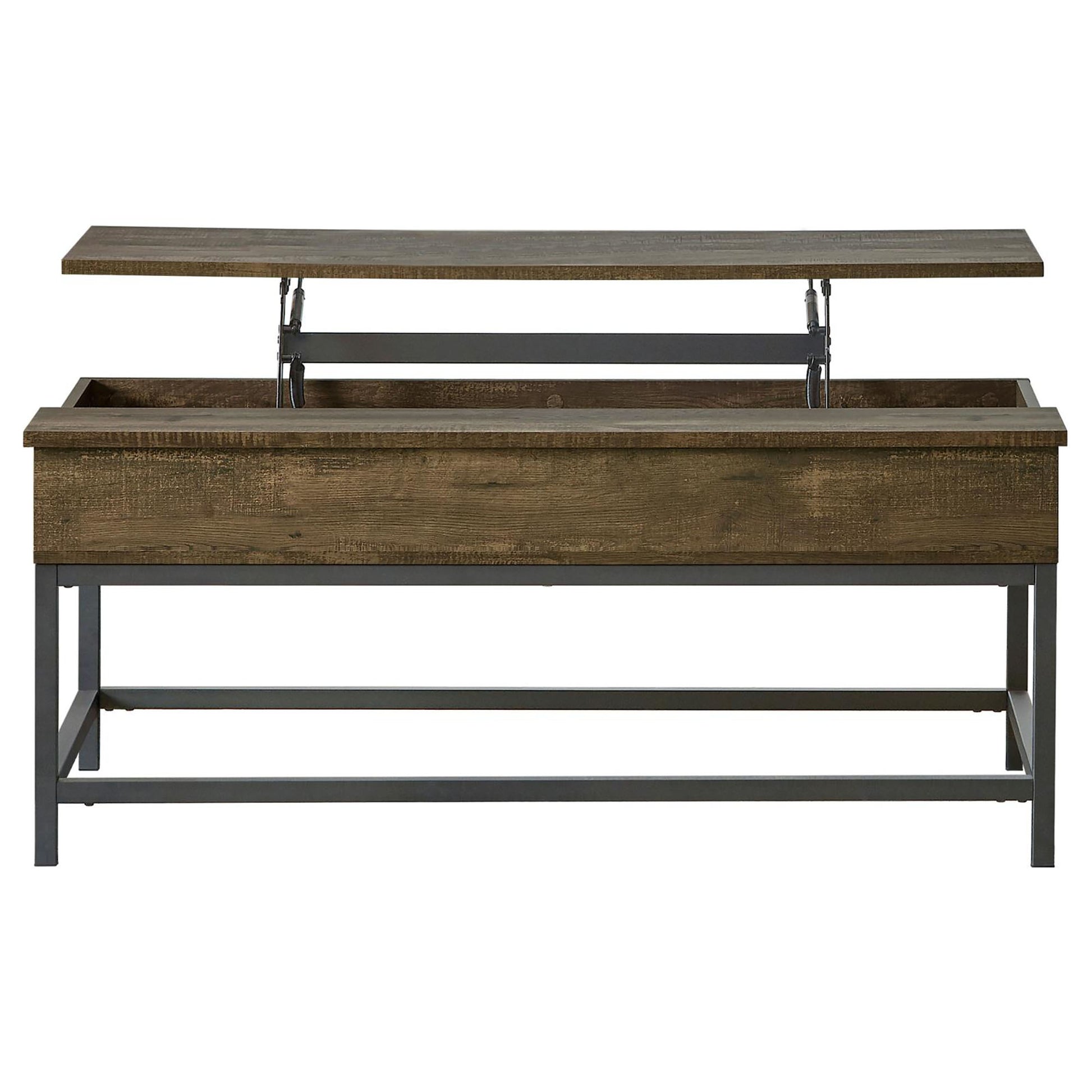 Rustic wood lifttop coffee table with dark metal frame and hidden storage compartment
