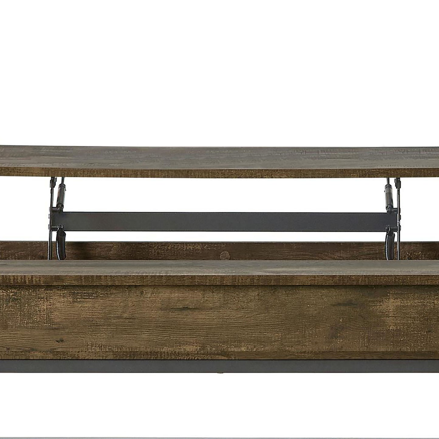 Rustic wood lift top coffee table mechanism detail showing metal support
