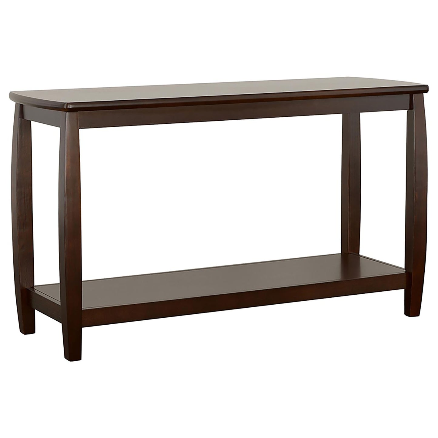 Dark brown wooden console table with a lower shelf and curved legs