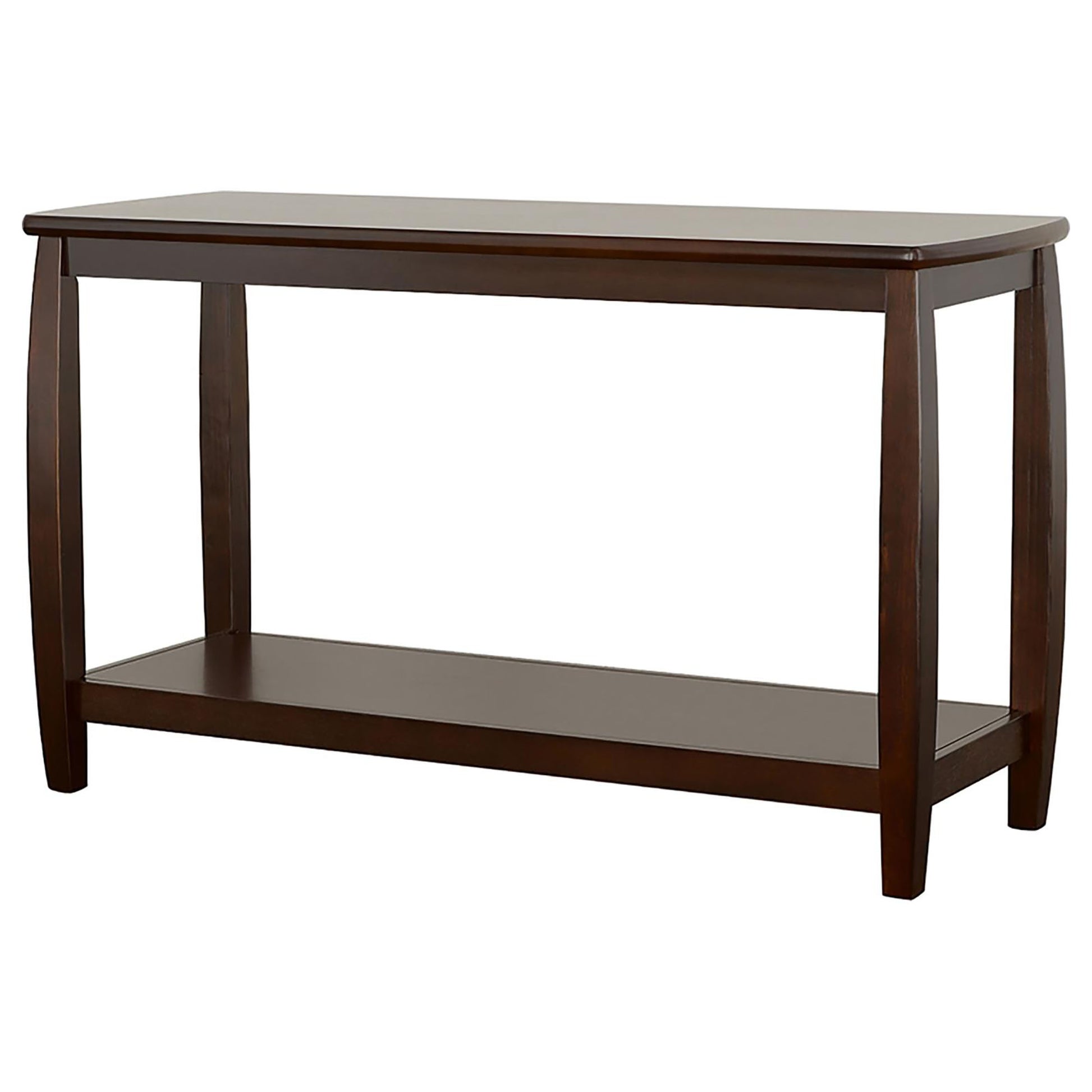 Dark brown wooden console table with two tiers and tapered legs
