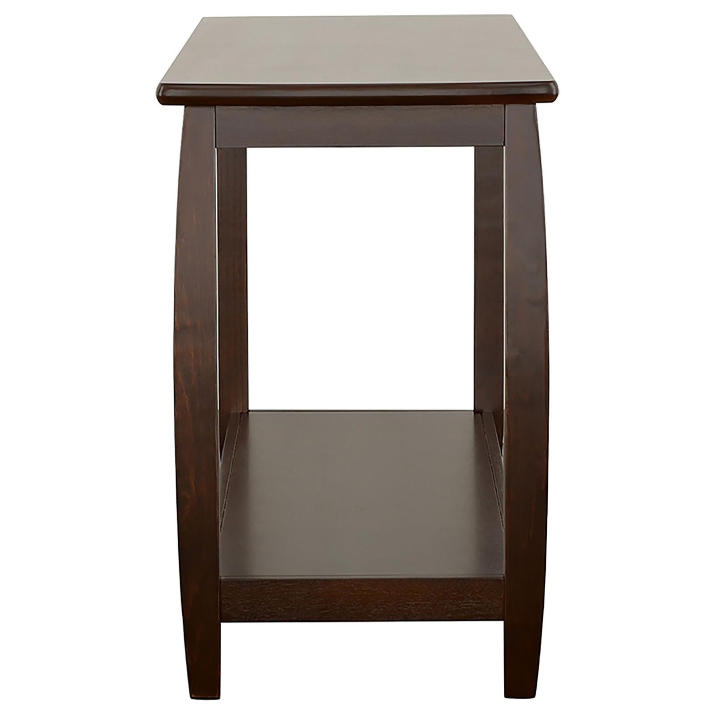 Dark brown wooden end table with two tiers and curved legs