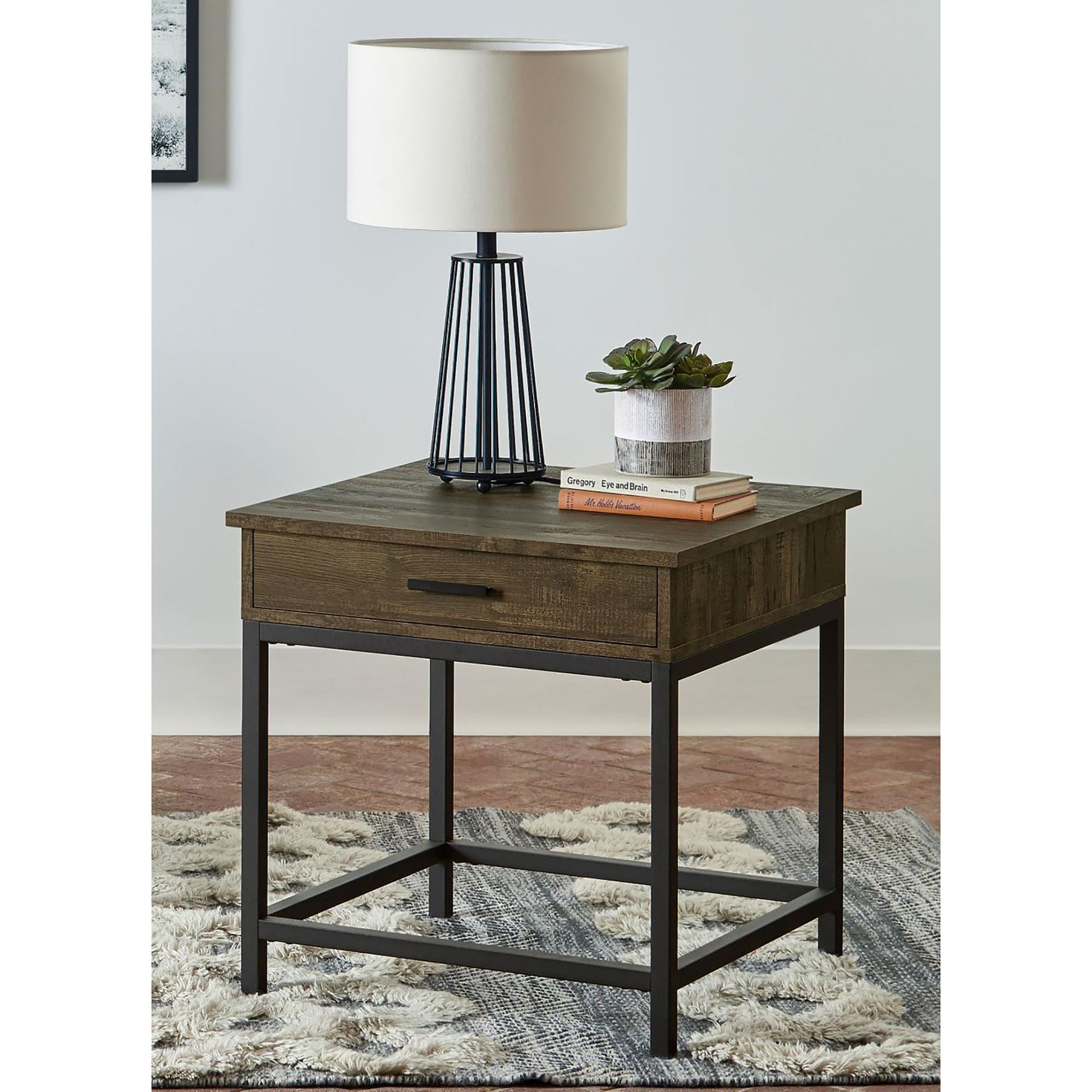Rustic brown wood end table with black metal frame and single drawer