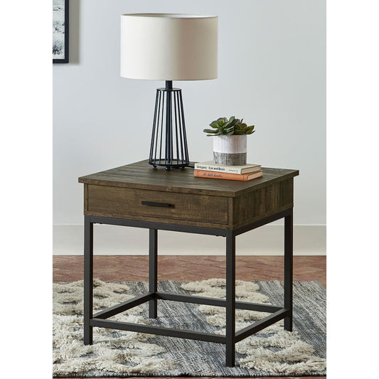 Rustic brown wood end table with black metal frame and single drawer